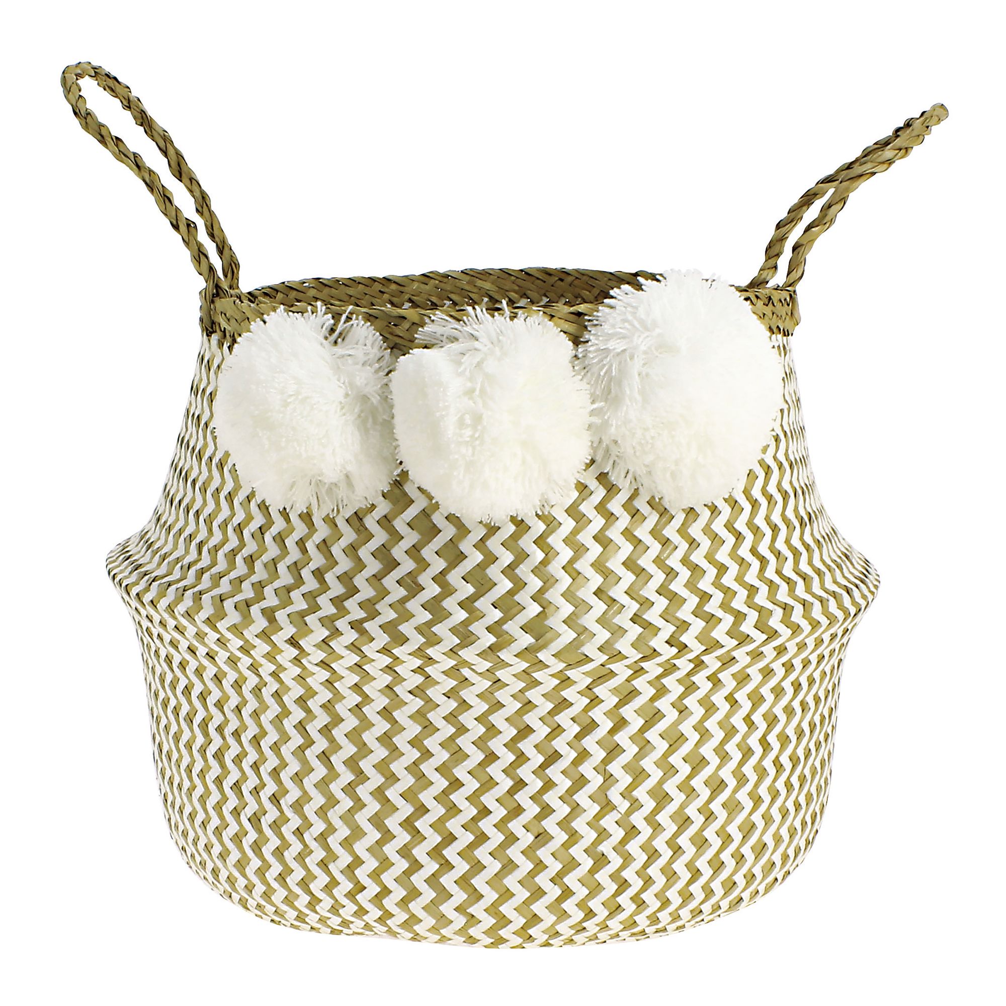 Panier pliable en jonc de mer avec pompons blancs H35 Panier pliable en jonc de mer avec pompons blancs H35