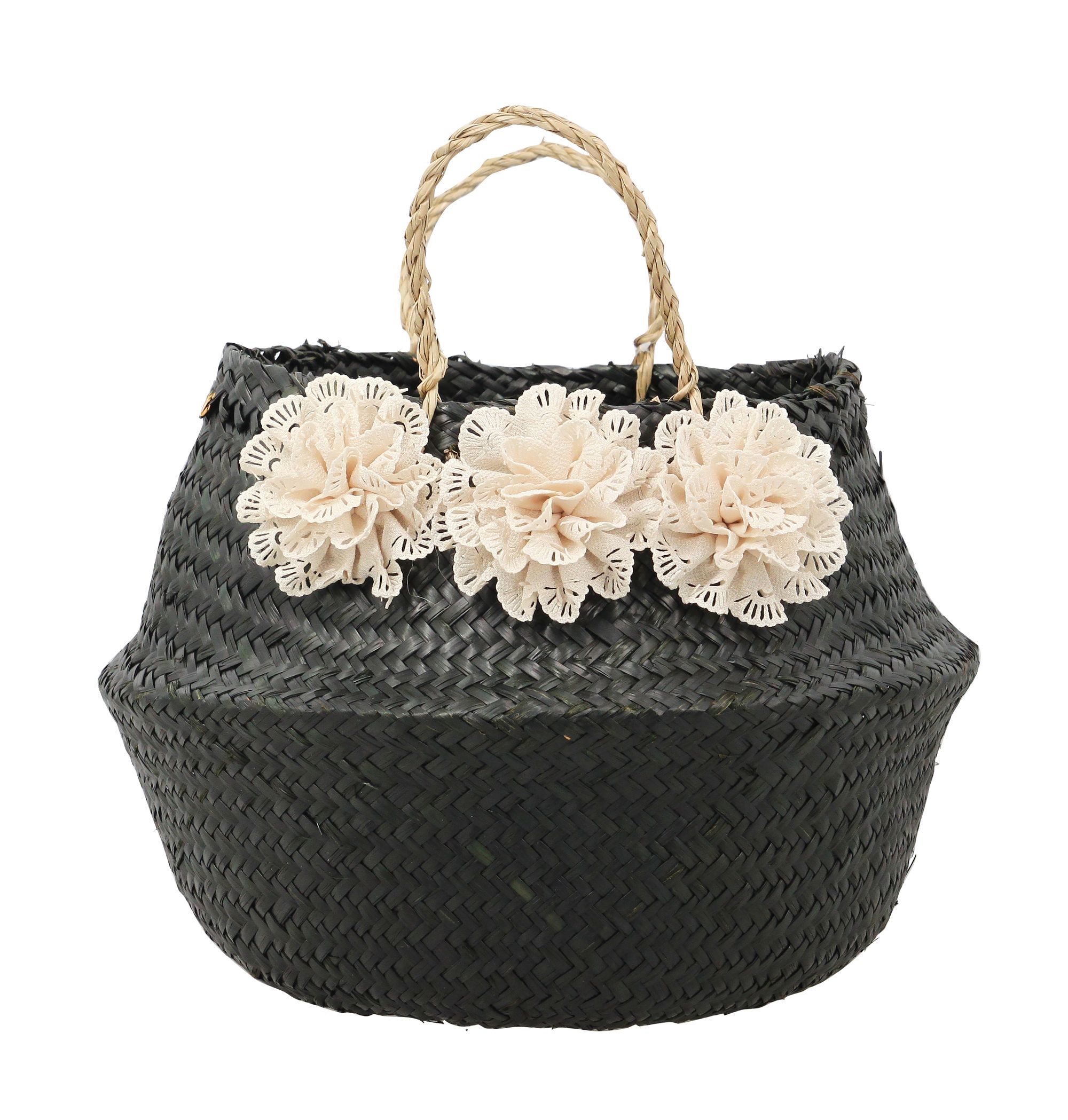 Panier cache-pot en jonc noir avec fleurs blanches Panier cache-pot en jonc noir avec fleurs blanches