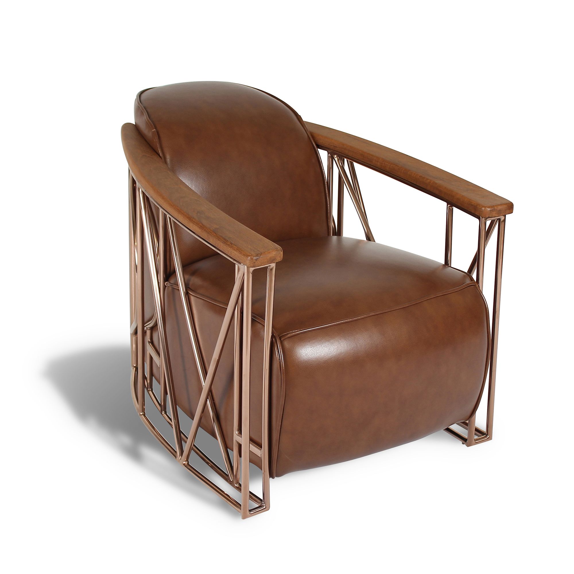 Fauteuil en cuir noisette structure en cuivre et bois Fauteuil en cuir noisette structure en cuivre et bois