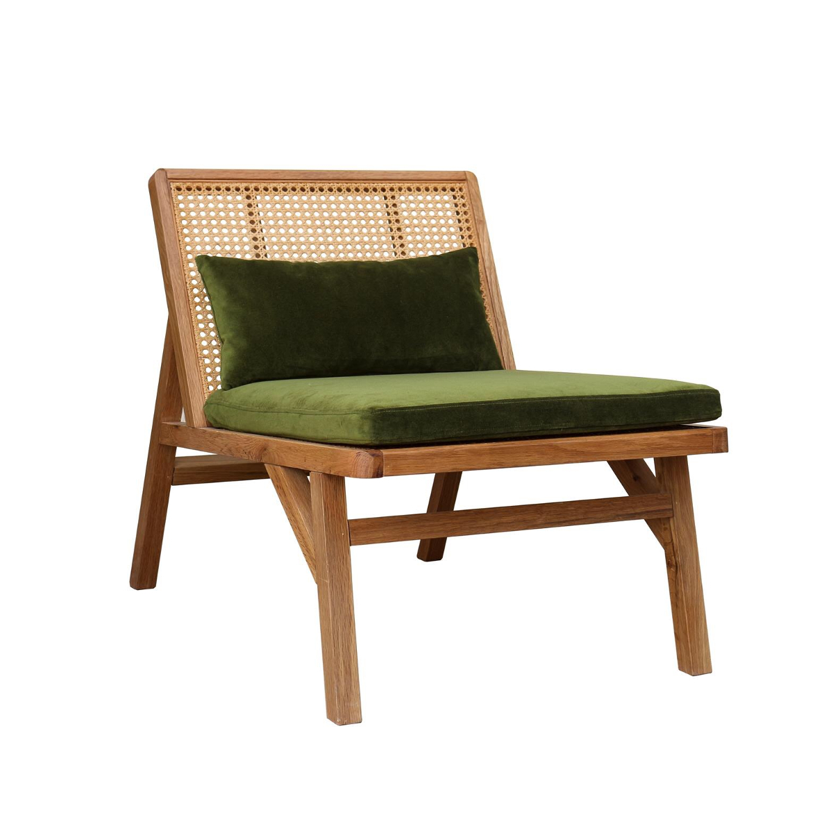 Fauteuil en cannage chêne clair et velours vert vintage Fauteuil en cannage chêne clair et velours vert vintage
