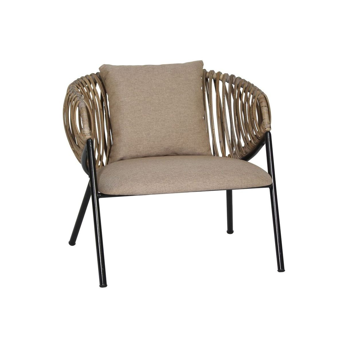 Fauteuil en rotin et métal coussin beige en tweed Fauteuil en rotin et métal coussin beige en tweed