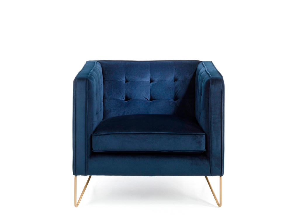 Fauteuil en velours bleu et pieds en métal doré Fauteuil en velours bleu et pieds en métal doré