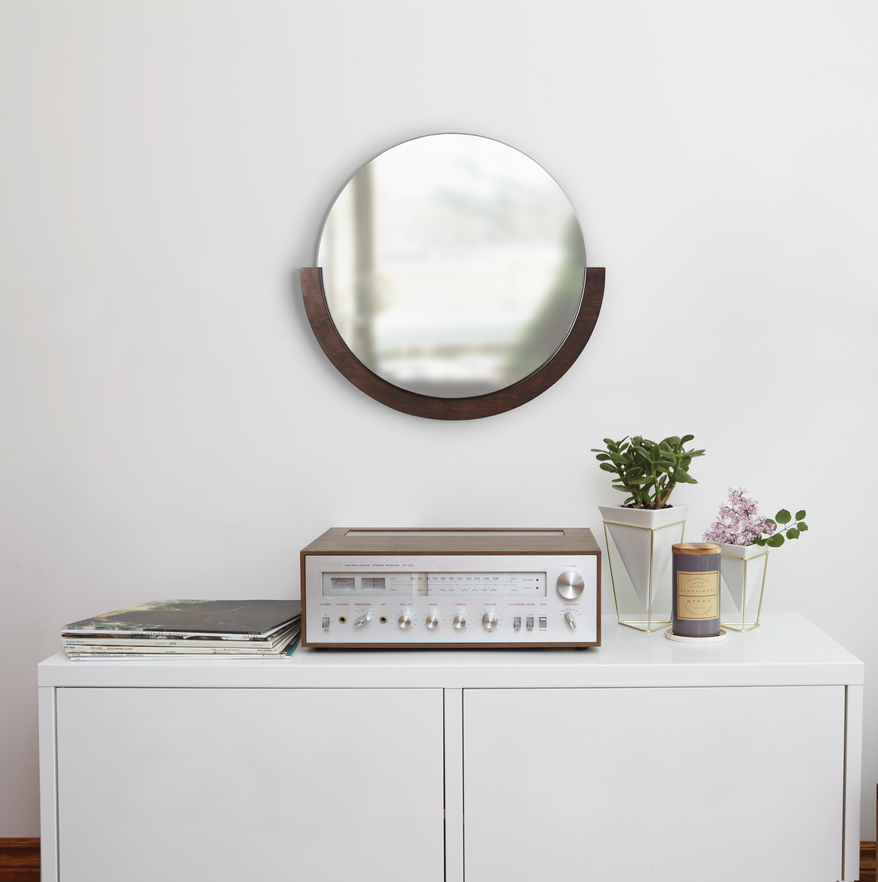 Miroir mural rond en bois coloris noyer, dia.53cm