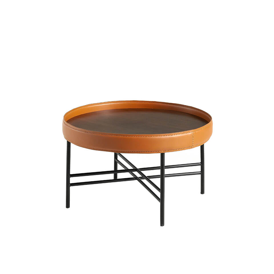Table basse ronde simili cuir couleur cognac et acier noir