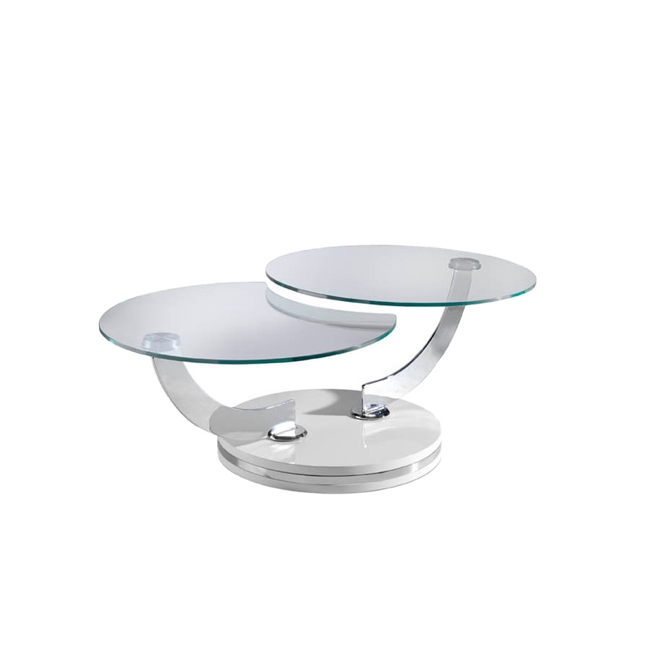 Table basse 2 plateaux en verre et pieds articulés laqués blancs