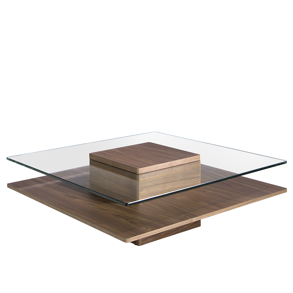 table basse carrée en verre et effet bois noyer