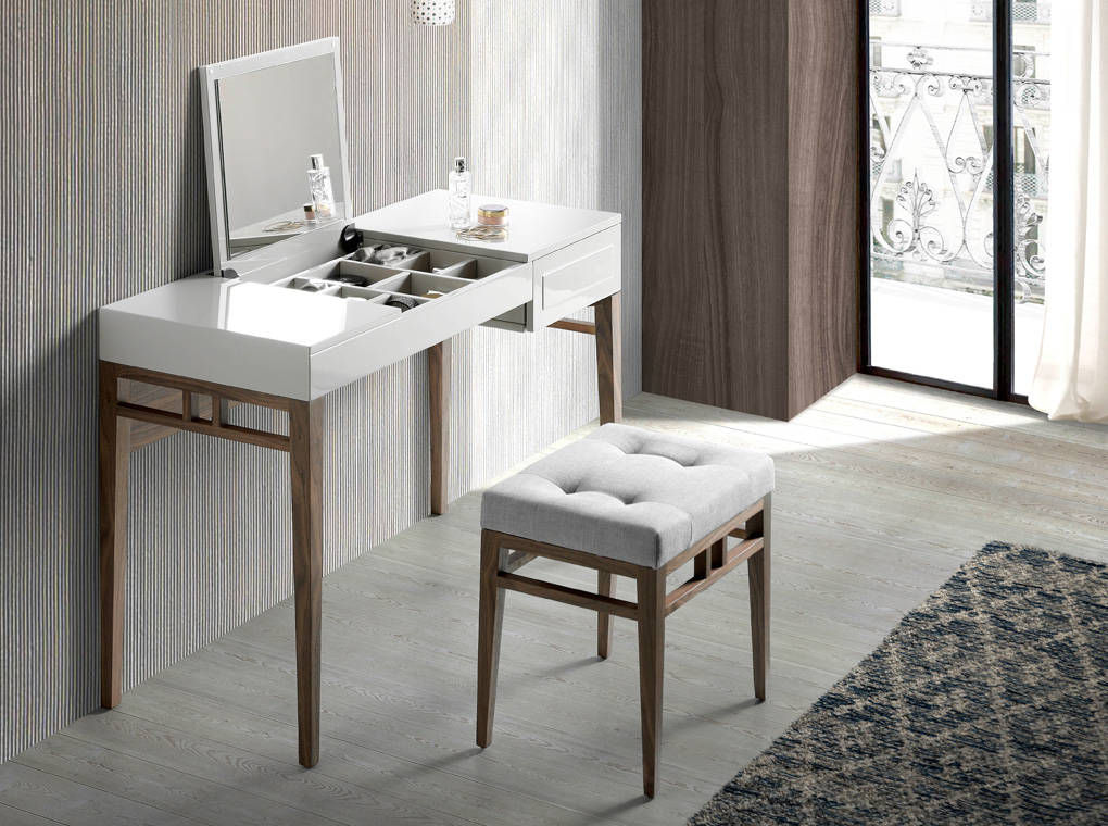 Tabouret tissu gris et structure en bois plaqué noyer. - Vue supplémentaire 1
