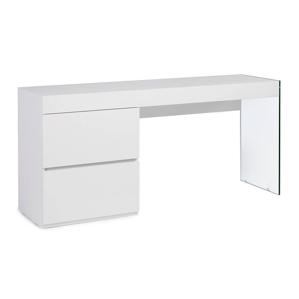 Bureau laqué blanc et verre L160 avec tiroirs