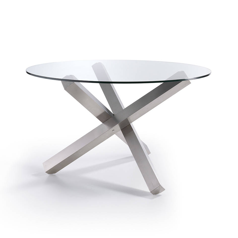 Table à manger en verre trempé pieds en croix en acier D140 Table à manger en verre trempé pieds en croix en acier D140