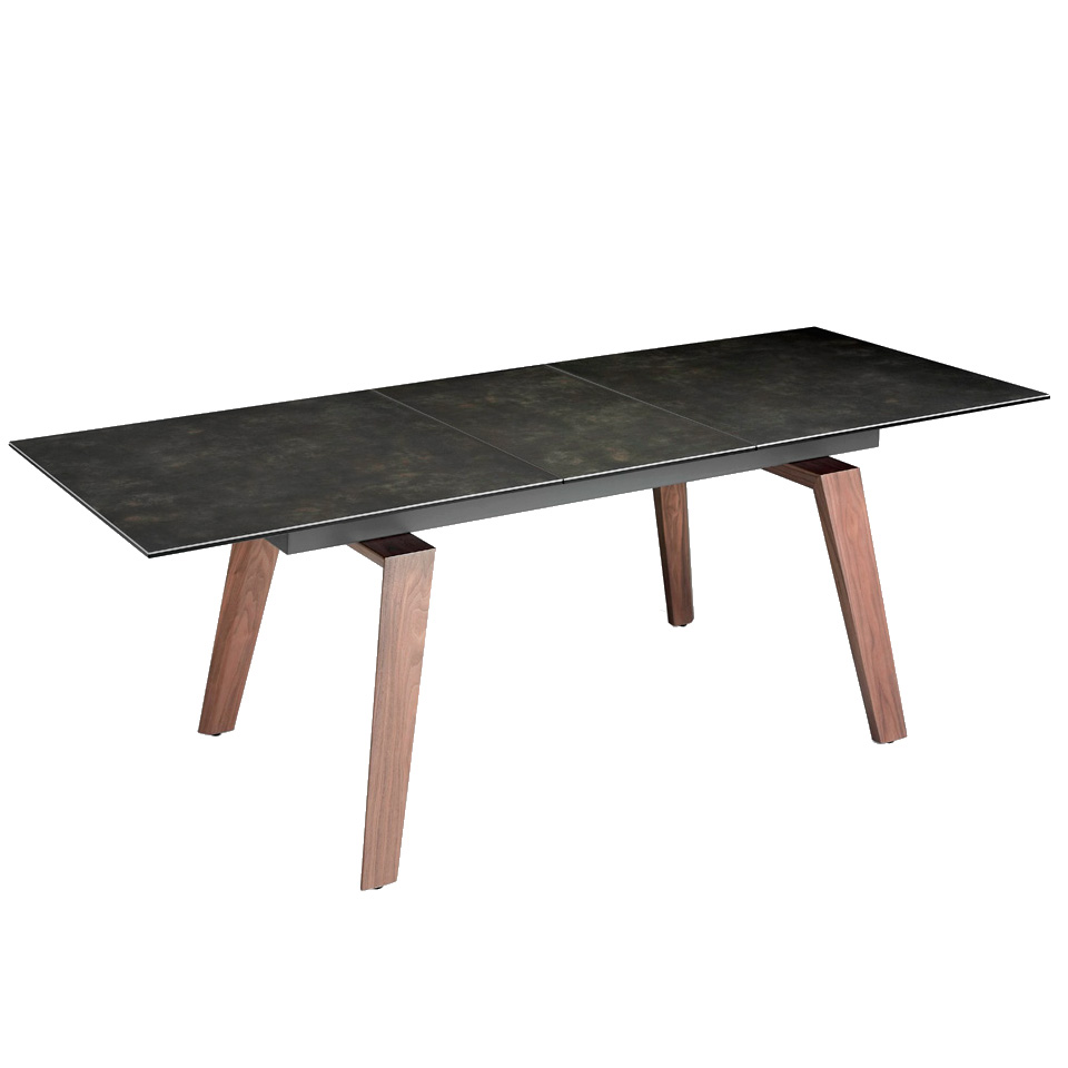 Table extensible L180/230 en porcelaine noire et pieds placage noyer