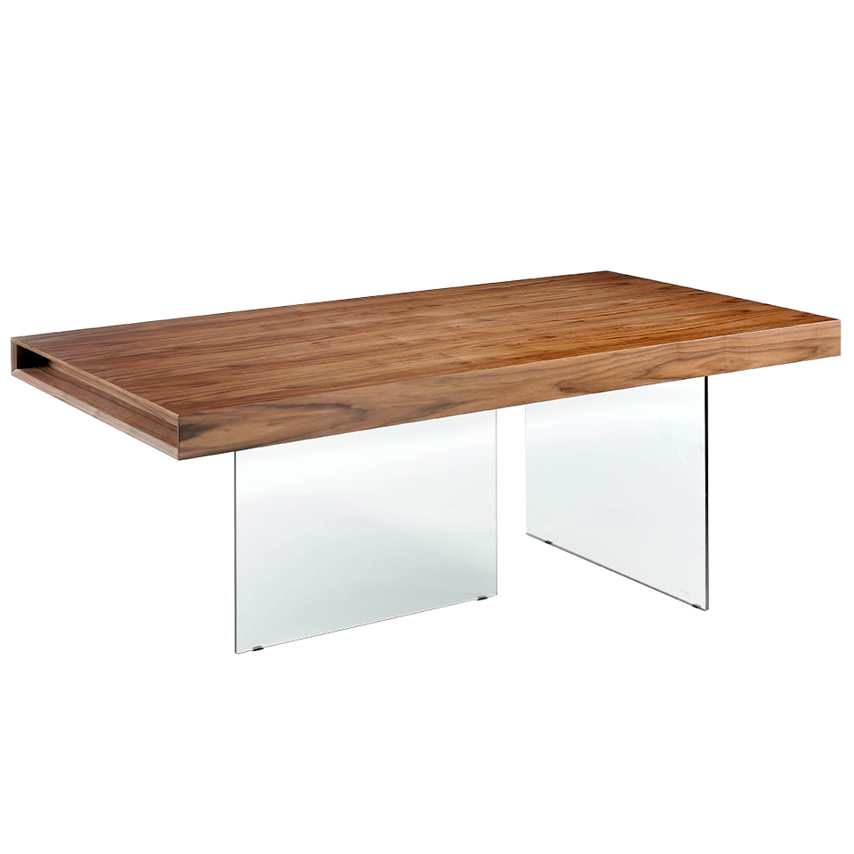 Table rectangulaire L200 avec plateau noyer et pieds en verre
