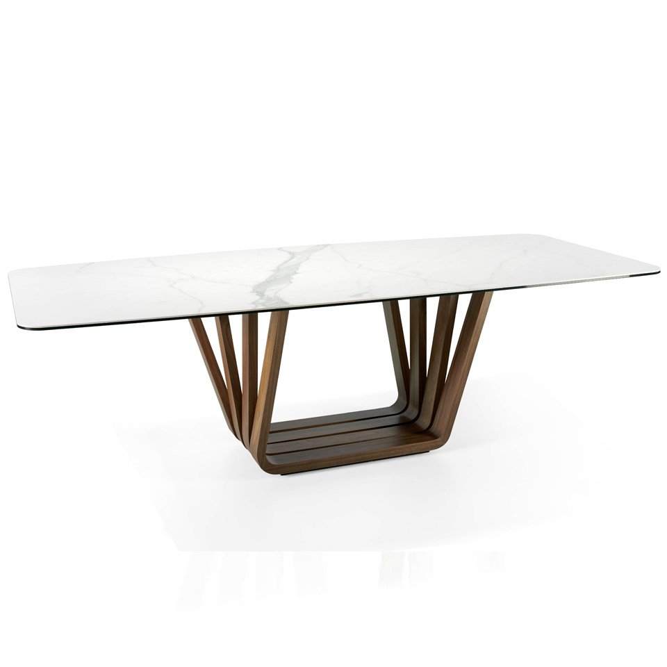 Table forme tonneau marbre porcelaine et pieds placage noyer L260 Table forme tonneau marbre porcelaine et pieds placage noyer L260