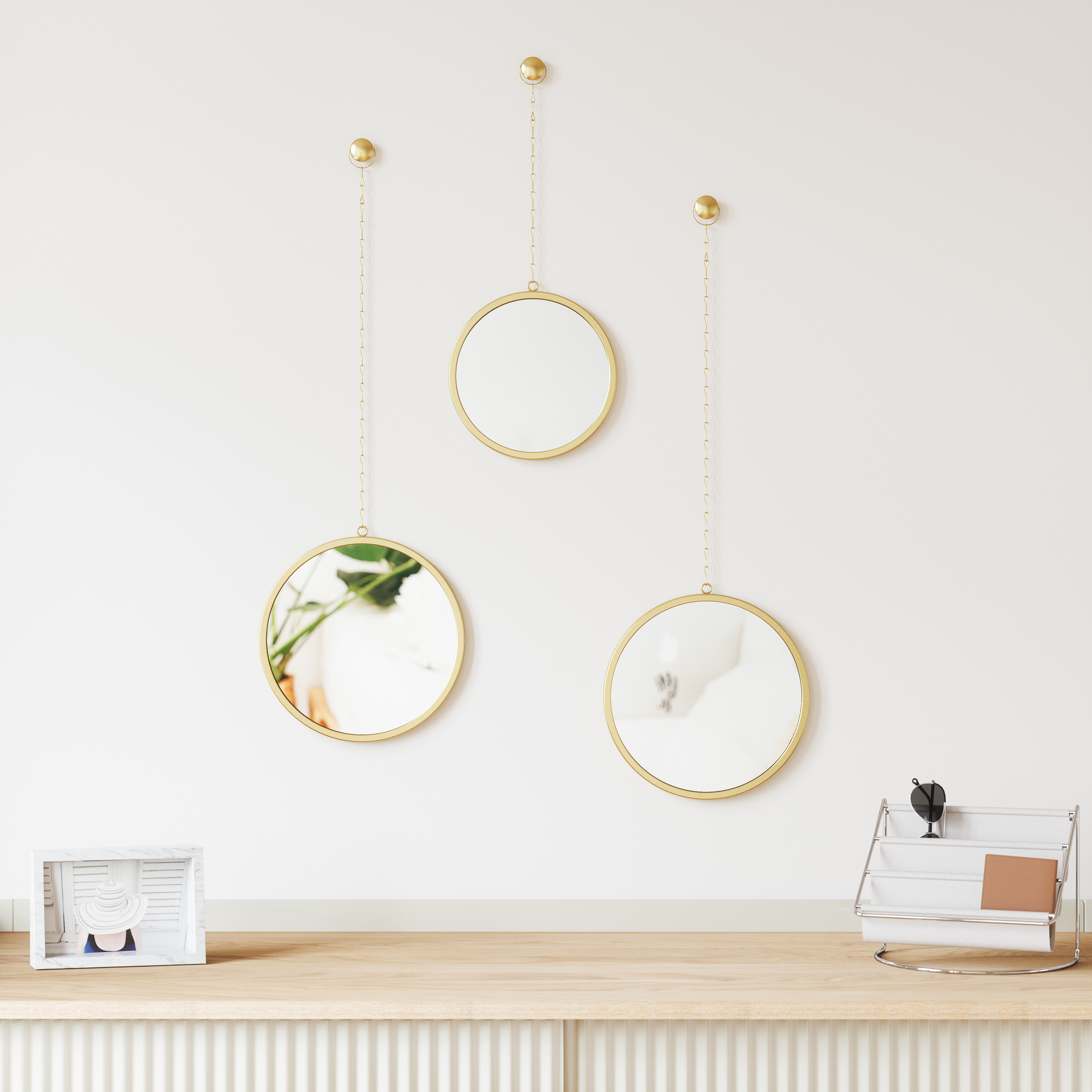 Lot de 3 miroirs ronds, suspendus, doré (photo) Lot de 3 miroirs ronds, suspendus, doré