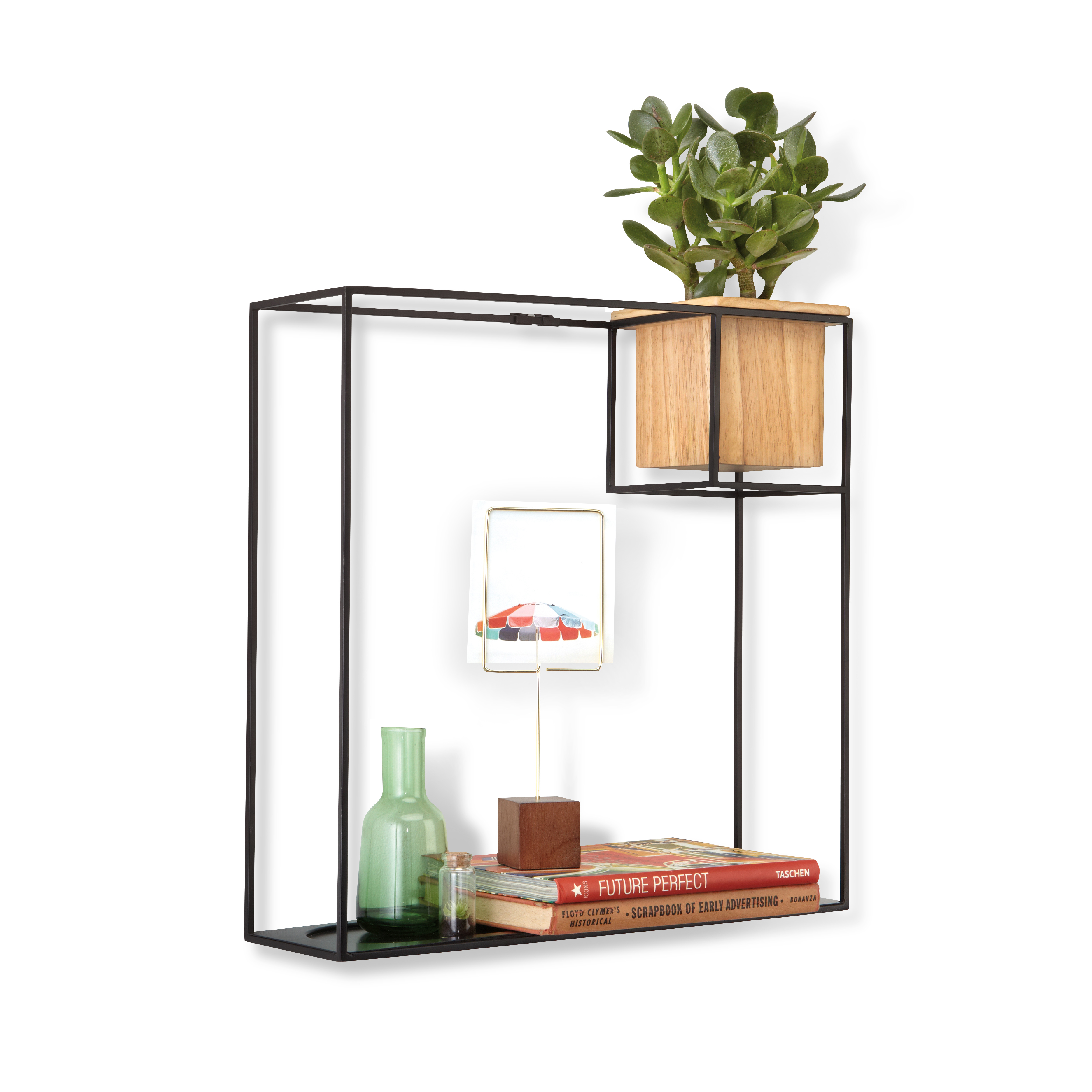 Etagère cadre carrée, cache pot integré, métal noir et bois Etagère cadre carrée, cache pot integré, métal noir et bois