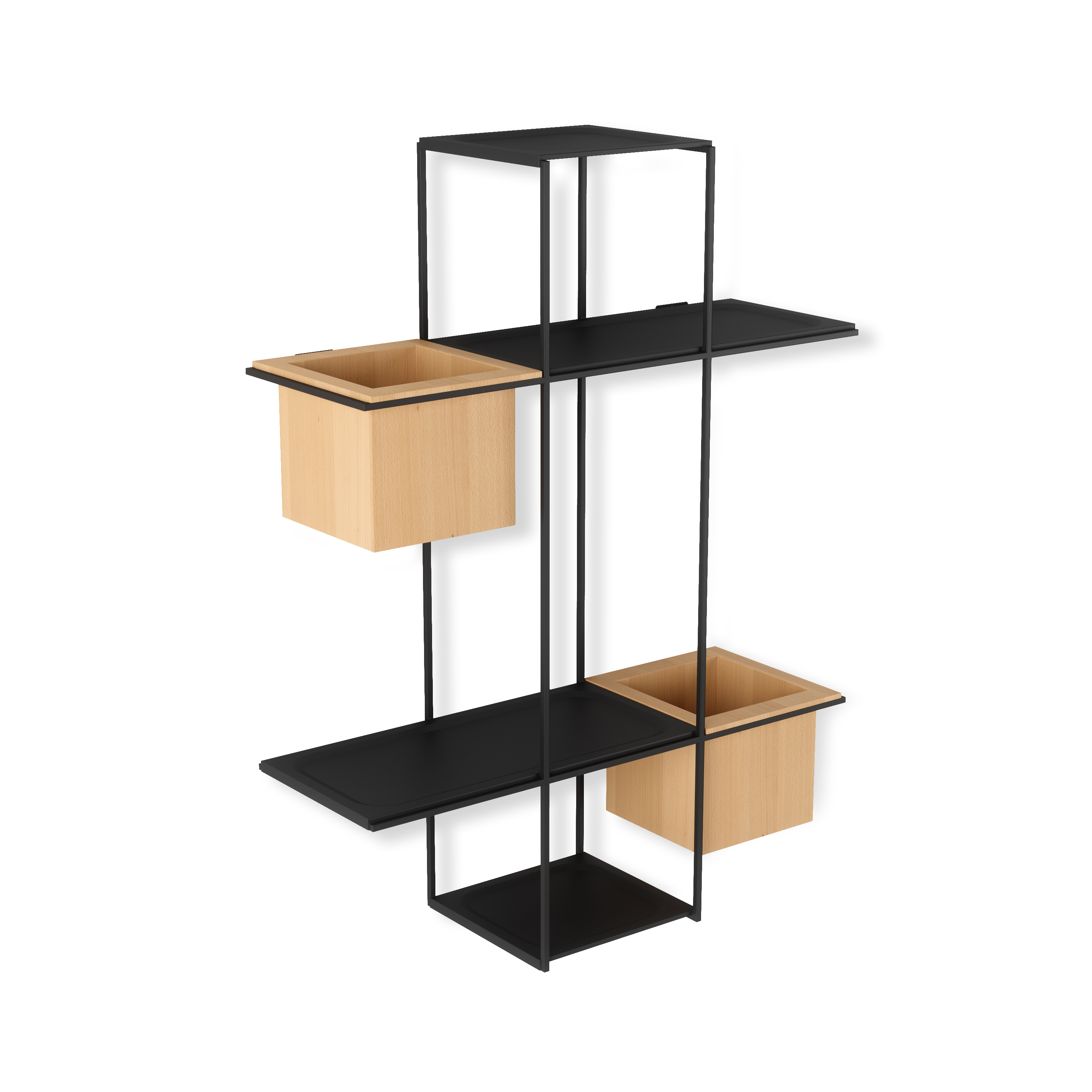 Etagère avec 2 cache-pots intégrés. Métal noir et bois (photo) Etagère avec 2 cache-pots intégrés. Métal noir et bois