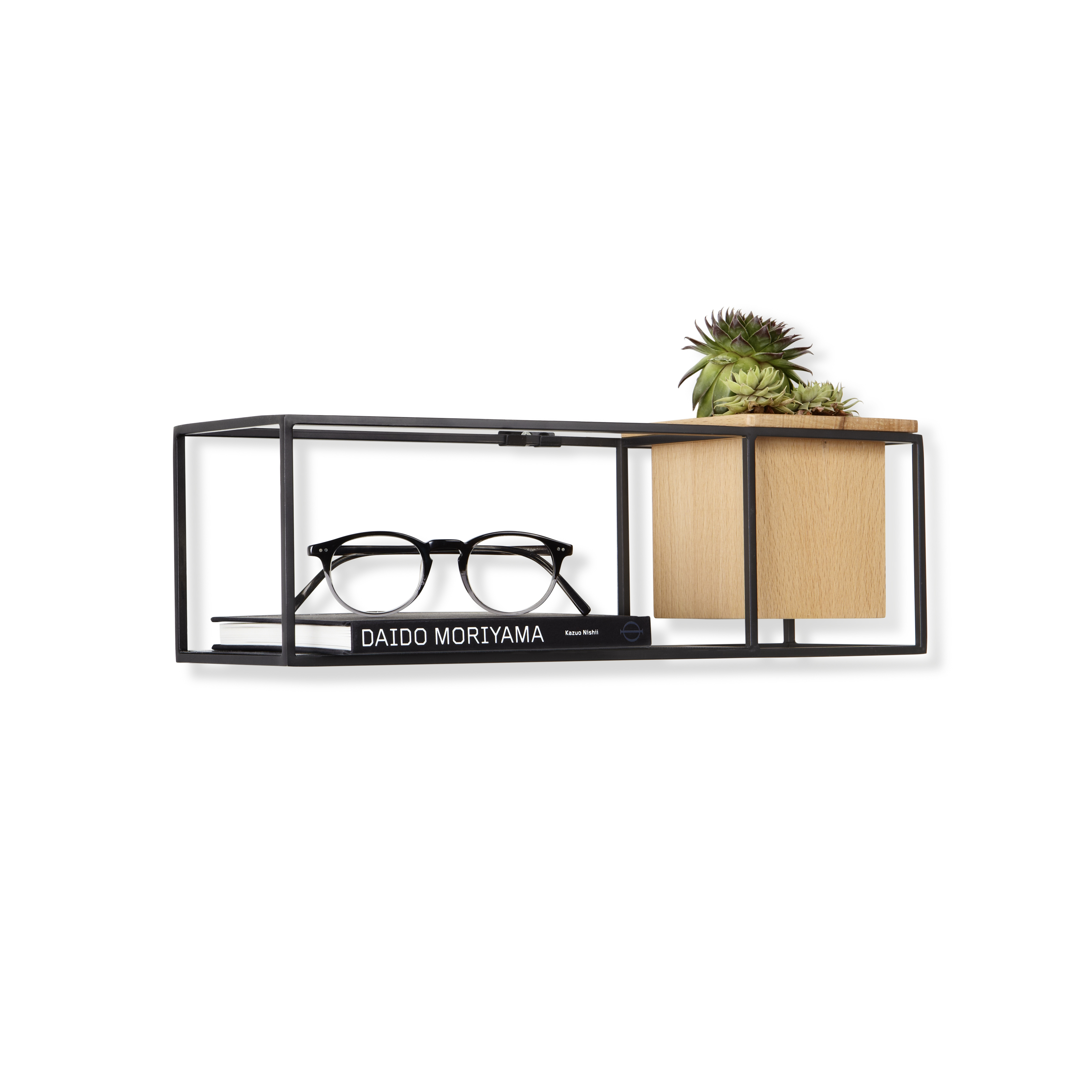 Etagère rectangle, avec cache-pot integré, métal noir et bois (photo) Etagère rectangle, avec cache-pot integré, métal noir et bois