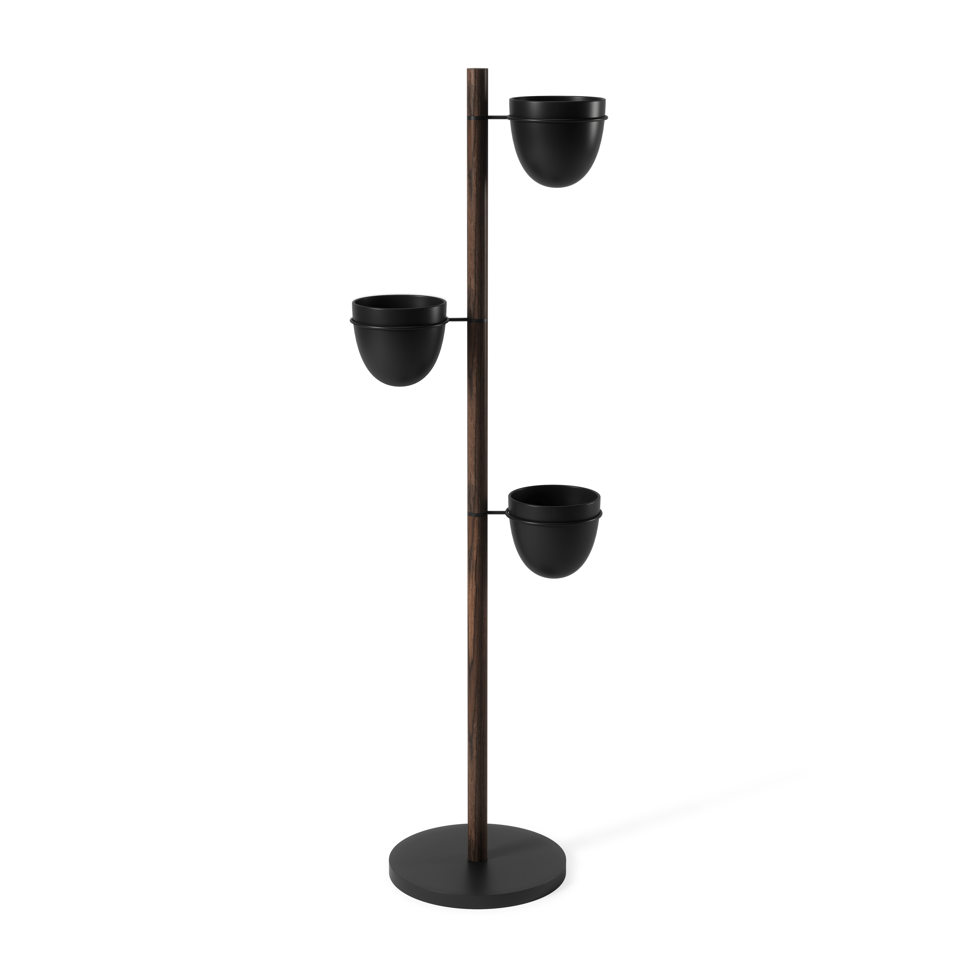 Porte pots de fleurs sur pied, bois col noyer, 3 pots