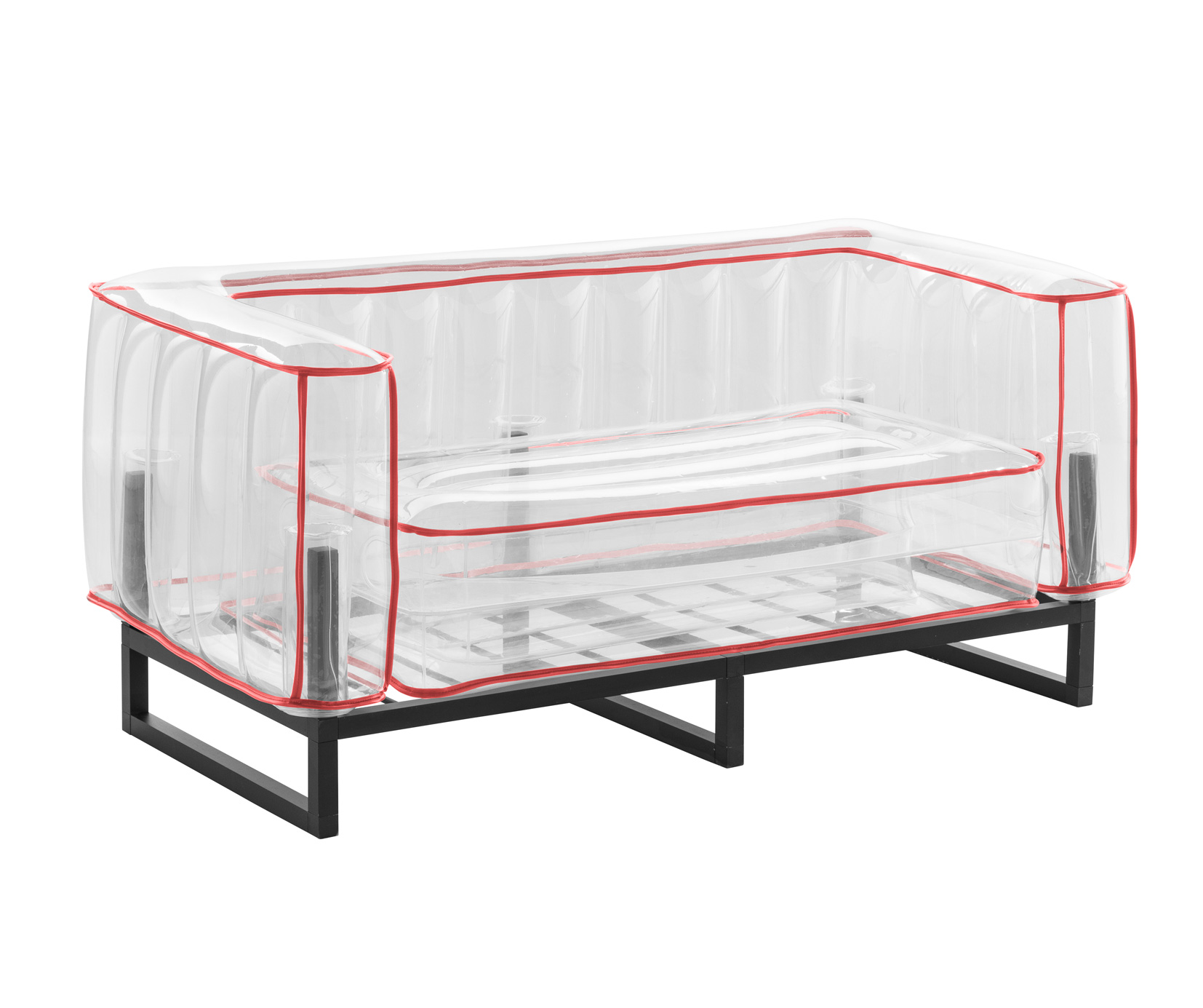Canapé 2 places tpu transparent cadre en aluminium passepoil rouge