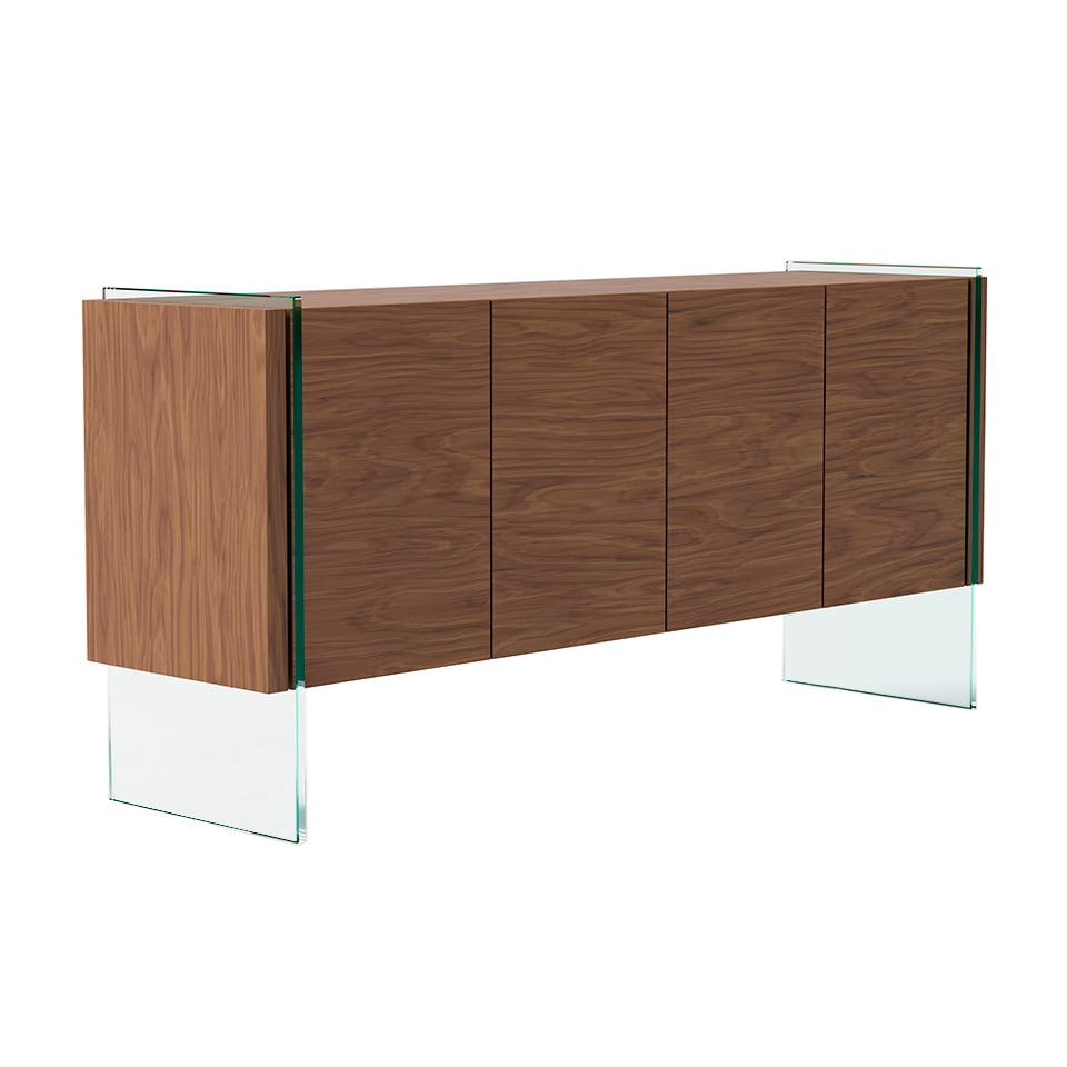 Buffet placage noyer et verre 4 portes avec étagères Buffet placage noyer et verre 4 portes avec étagères
