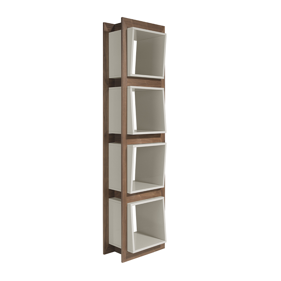 Étagère placage noyer et MDF laqué gris perle brillant RAL 7035 Étagère placage noyer et MDF laqué gris perle brillant RAL 7035