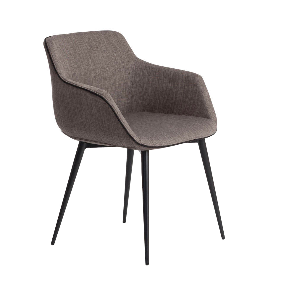 Chaise en tissu capitonné gris et pieds en acier noir