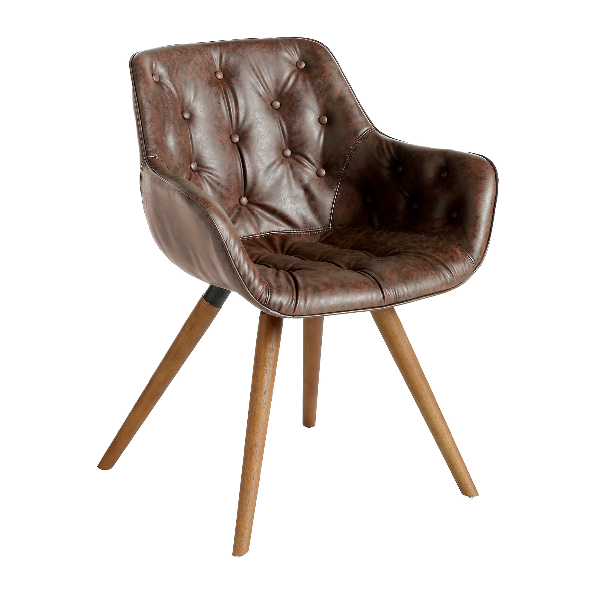 Chaise capitonnée en simili cuir marron et pieds couleur noyer. Chaise capitonnée en simili cuir marron et pieds couleur noyer.