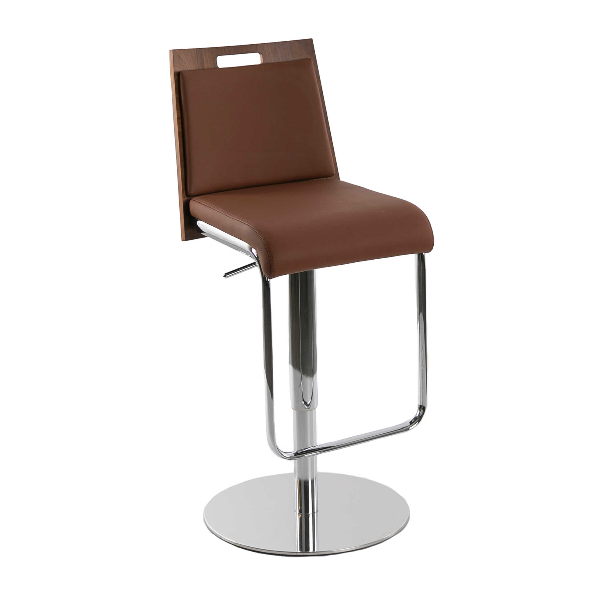 Tabouret simili cuir marron avec dossier en noyer Tabouret simili cuir marron avec dossier en noyer
