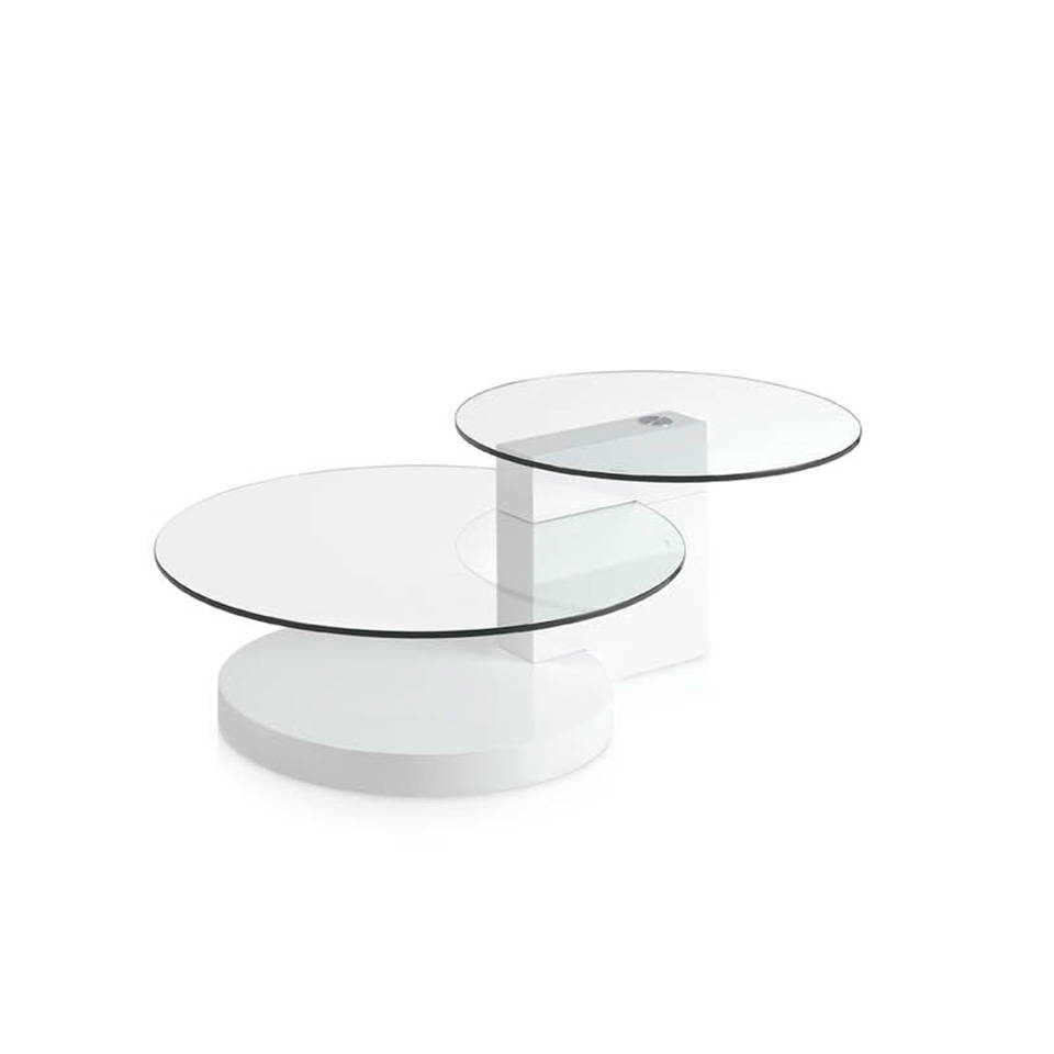Table basse 2 plateaux en verre articulés et pieds laqués blancs