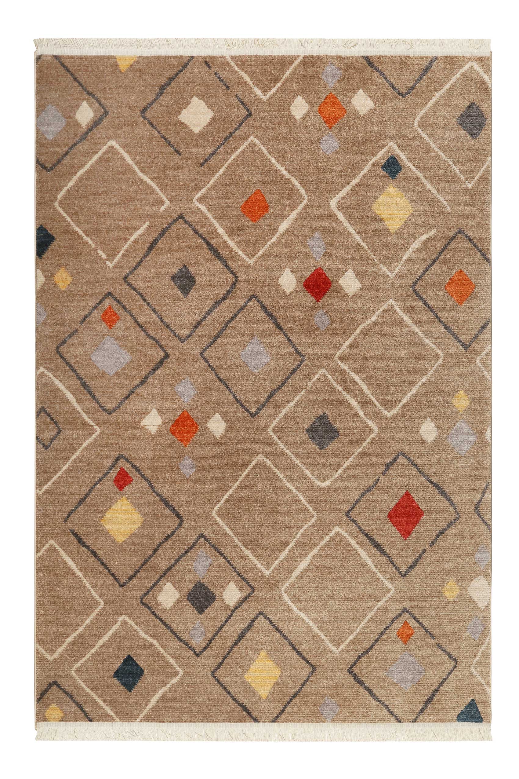 Tapis tissé ethnique chic à franges multicolore fond marron 133x200 Tapis tissé ethnique chic à franges multicolore fond marron 133x200