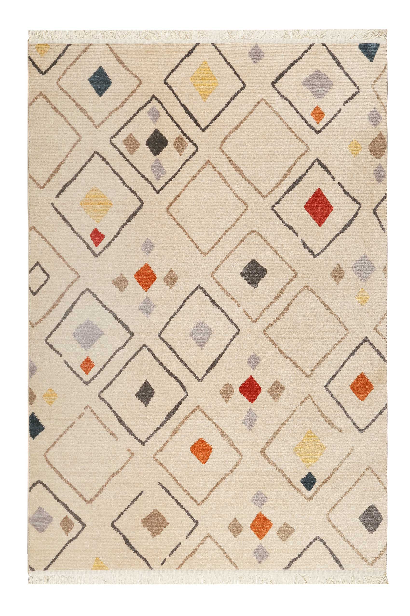 Tapis tissé ethnique chic à franges multicolore sur fond beige 133x200 Tapis tissé ethnique chic à franges multicolore sur fond beige 133x200