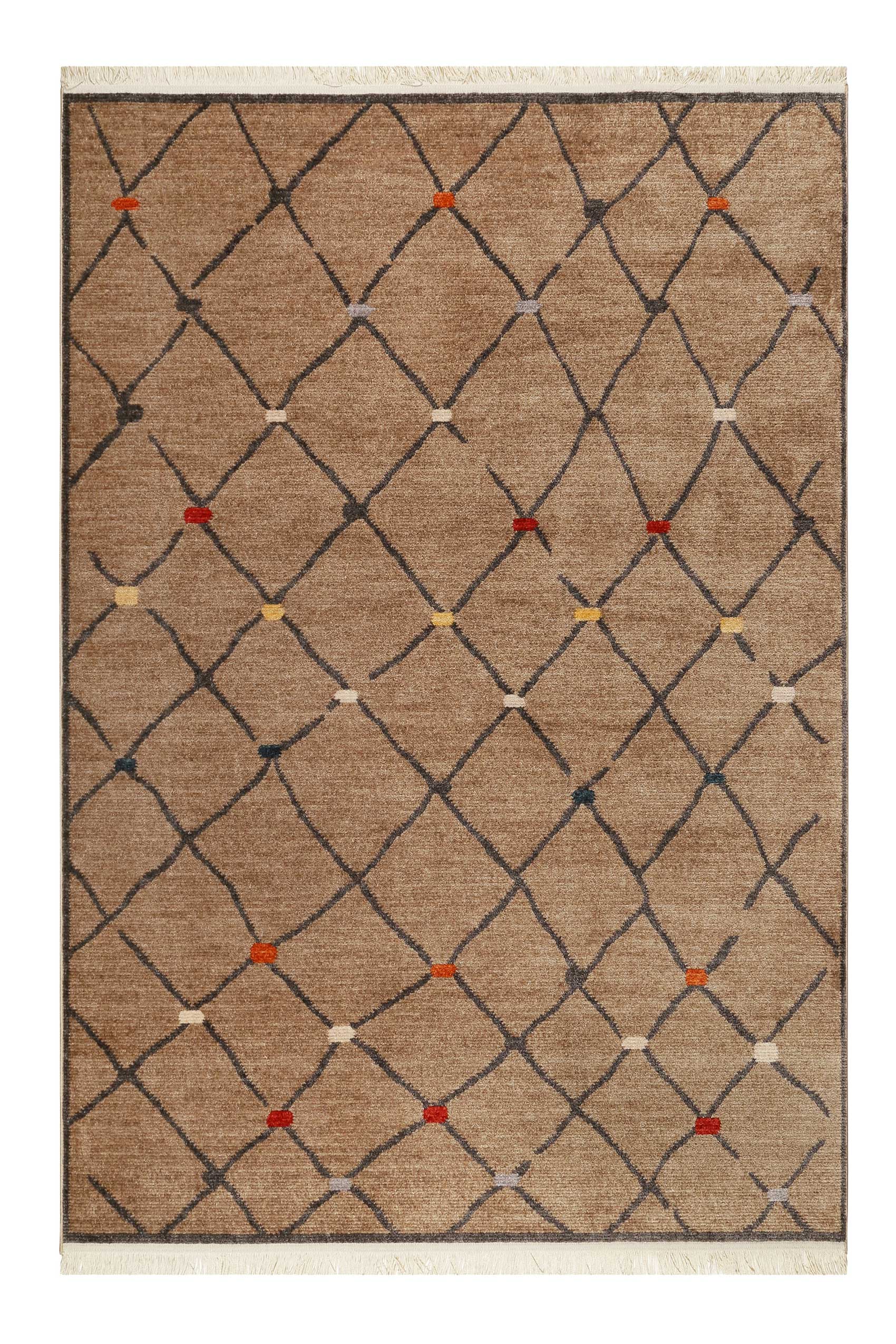Tapis tissé ethnique chic à franges multicolore fond marron 160x225 Tapis tissé ethnique chic à franges multicolore fond marron 160x225