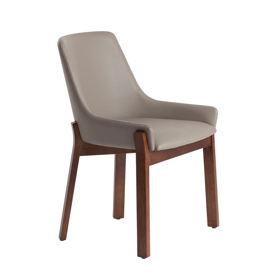 Chaise design avec bords effet cuir taupe et pieds plaqués noyer Chaise design avec bords effet cuir taupe et pieds plaqués noyer