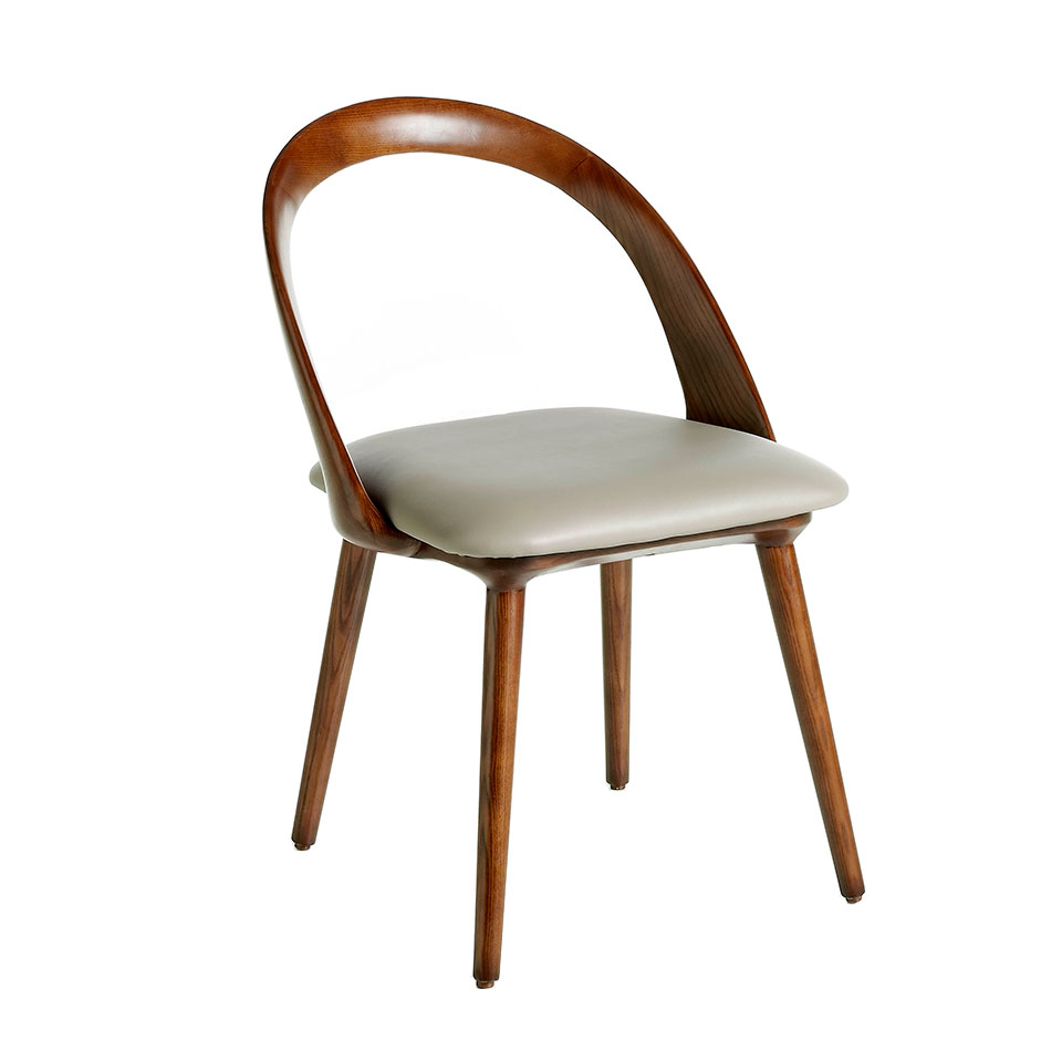 Chaise design assise effet cuir taupe structure en bois plaqué noyer