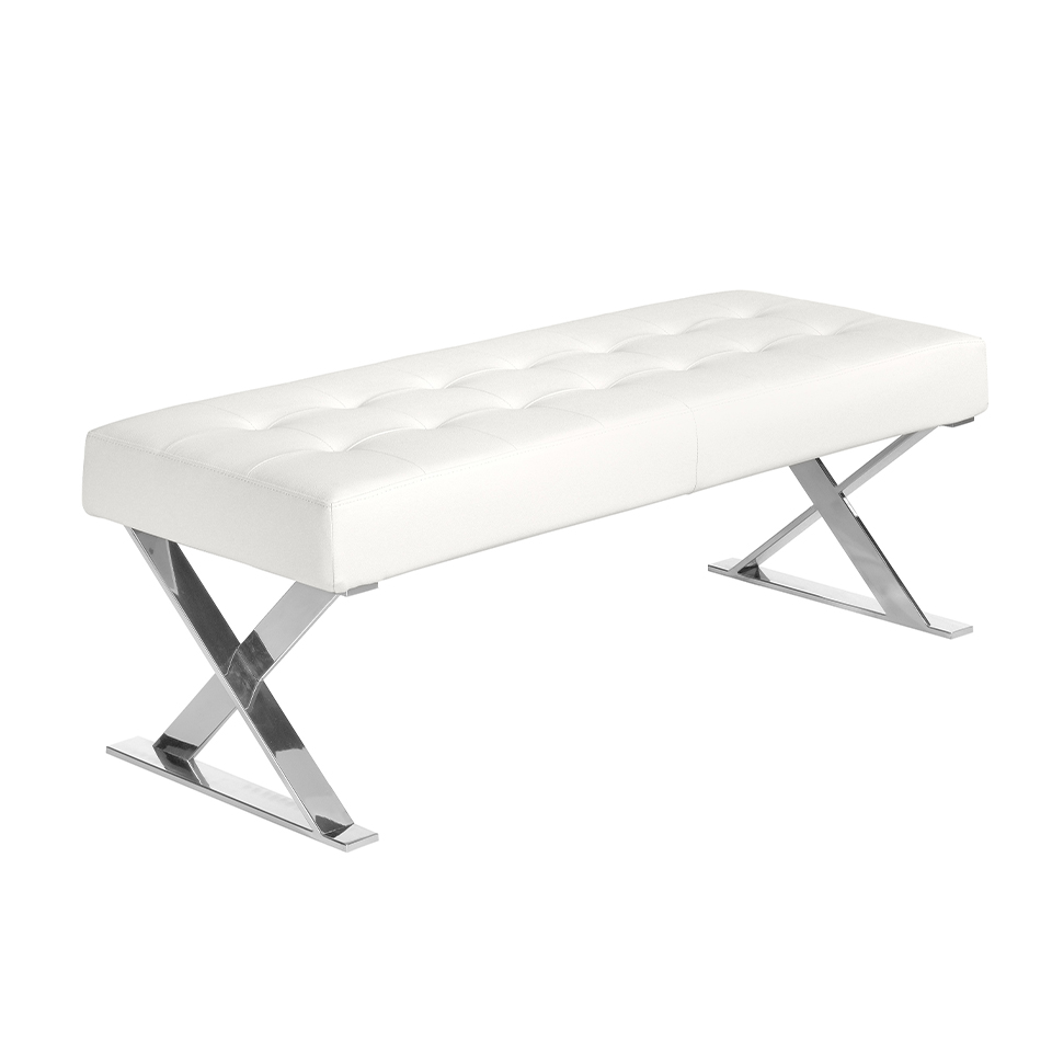 Banquette capitonnée effet cuir blanche L120 pieds en croix en acier Banquette capitonnée effet cuir blanche L120 pieds en croix en acier