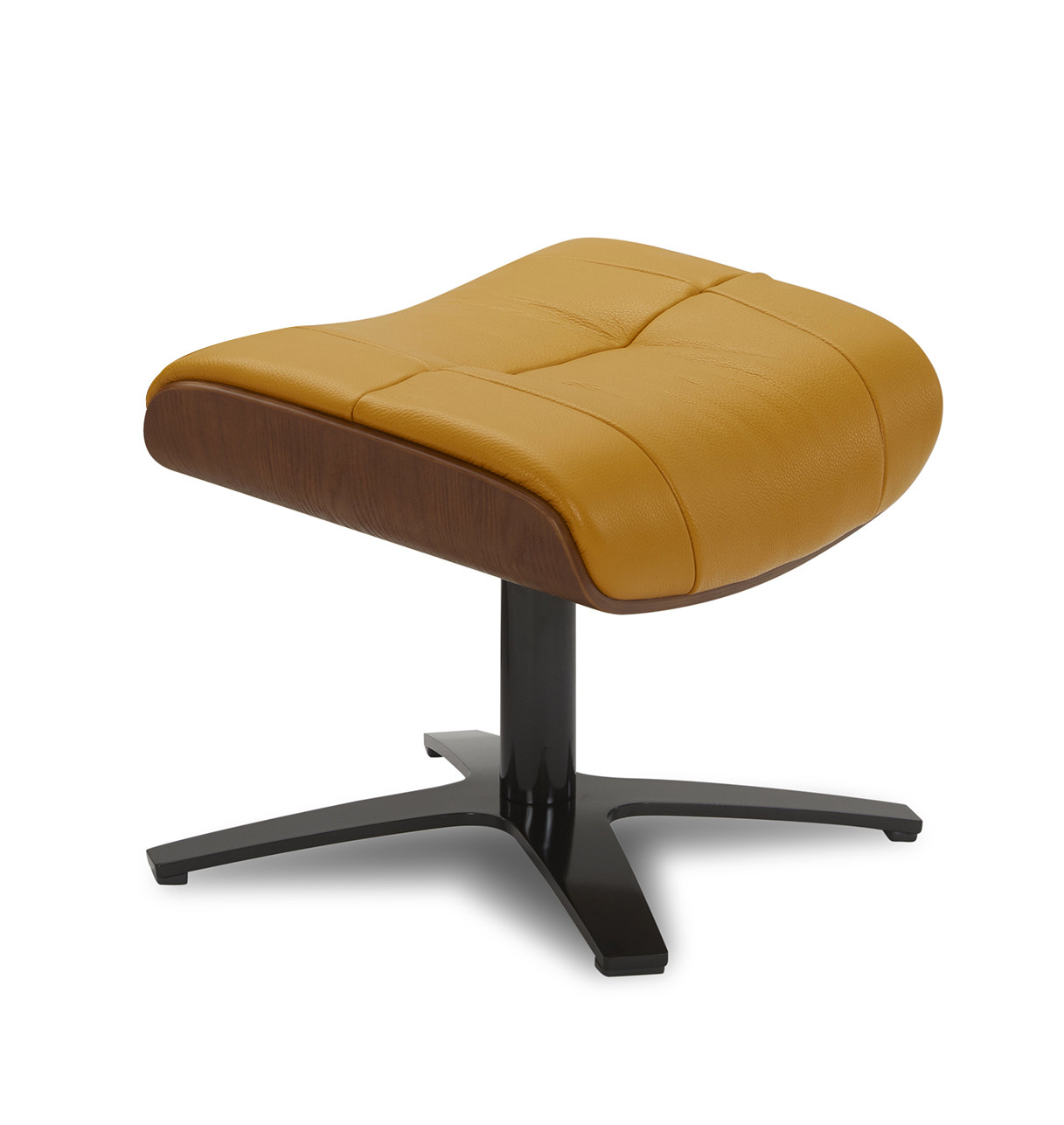 Pouf cuir jaune moutarde et chêne naturel (photo) Pouf cuir jaune moutarde et chêne naturel