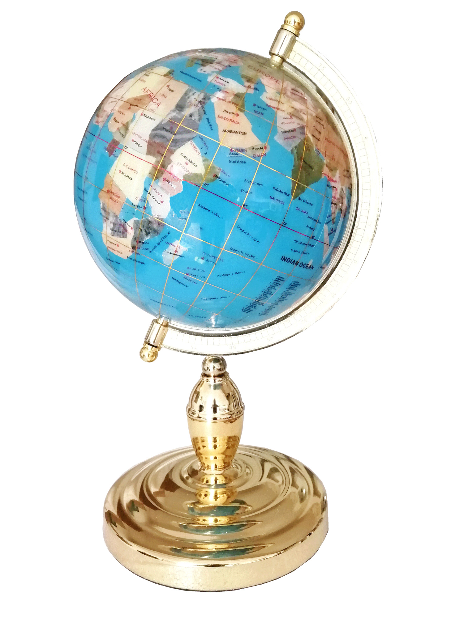 Globe sur 1 pied doré en pierres fines bleu ciel Globe sur 1 pied doré en pierres fines bleu ciel