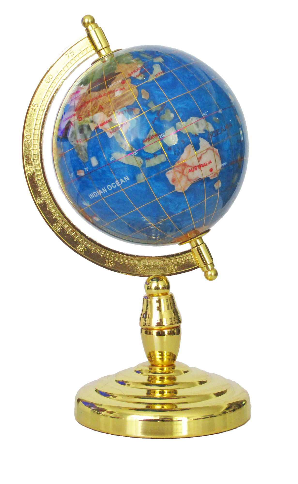 Globe sur 1 pied doré en pierres fines bleu ciel