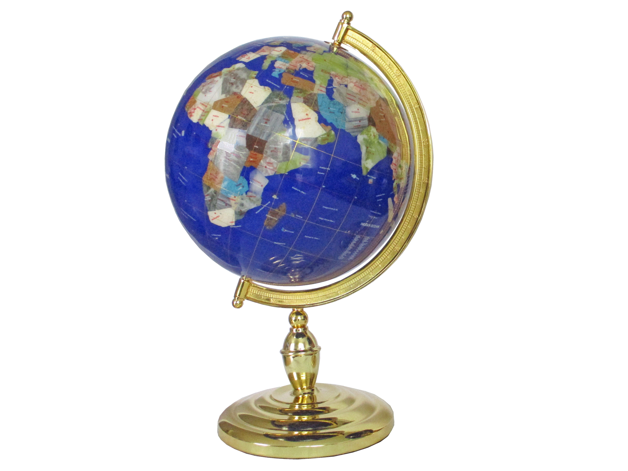 Globe sur 1 pied doré en pierres fines bleu lapis (photo) Globe sur 1 pied doré en pierres fines bleu lapis