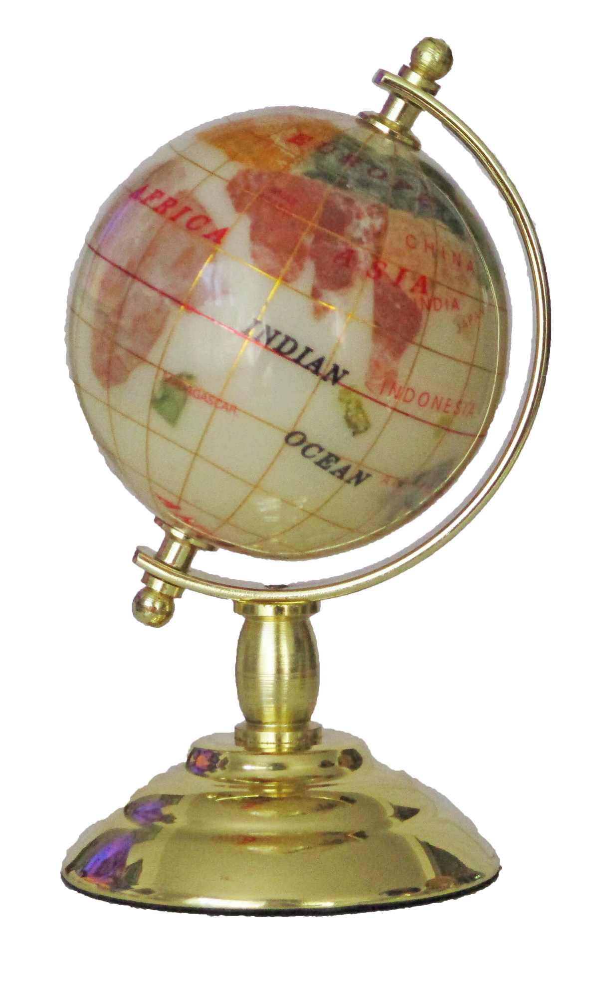 Globe sur 1 pied doré en pierres fines nacre (photo) Globe sur 1 pied doré en pierres fines nacre