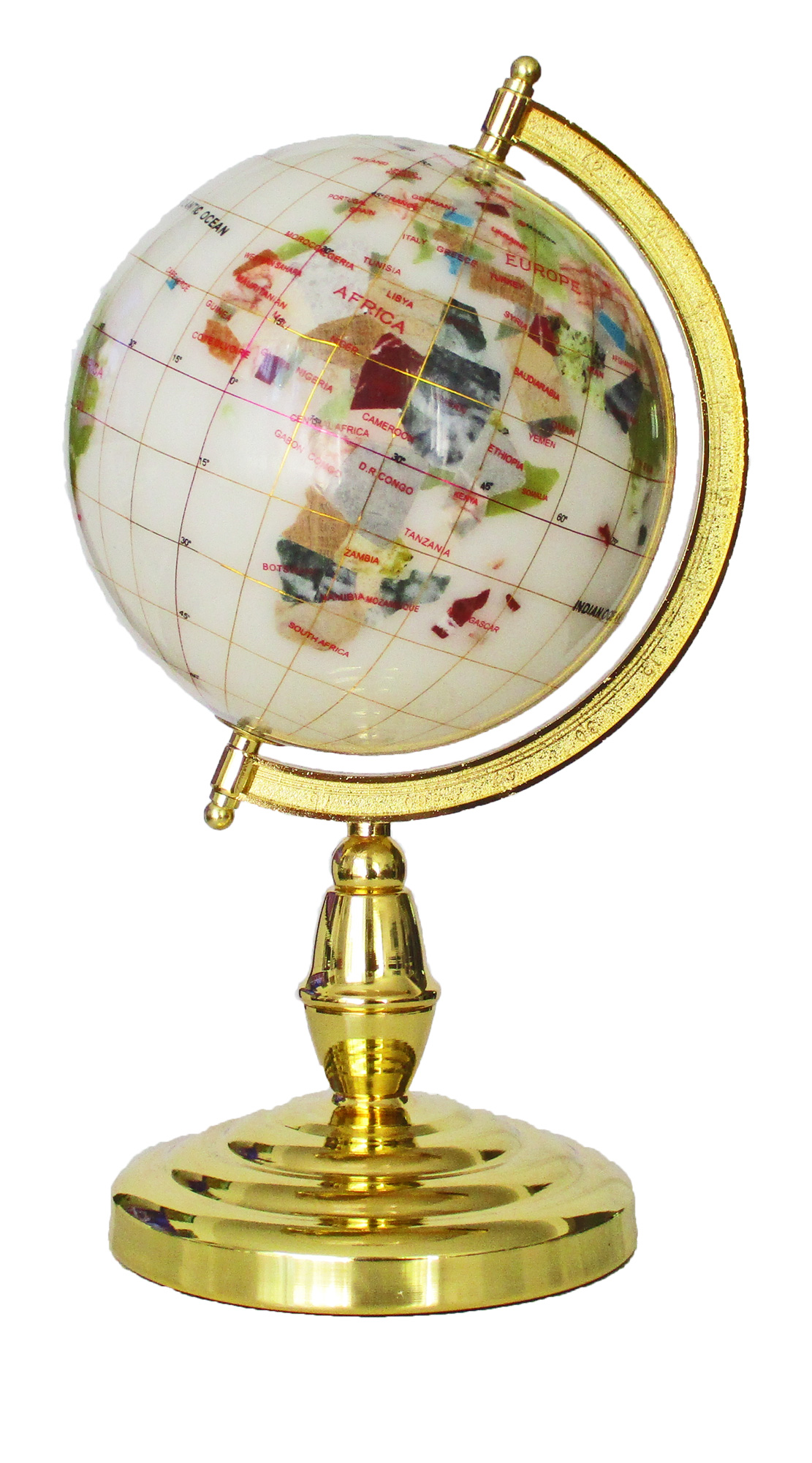Globe sur 1 pied doré en pierres fines blanc Globe sur 1 pied doré en pierres fines blanc