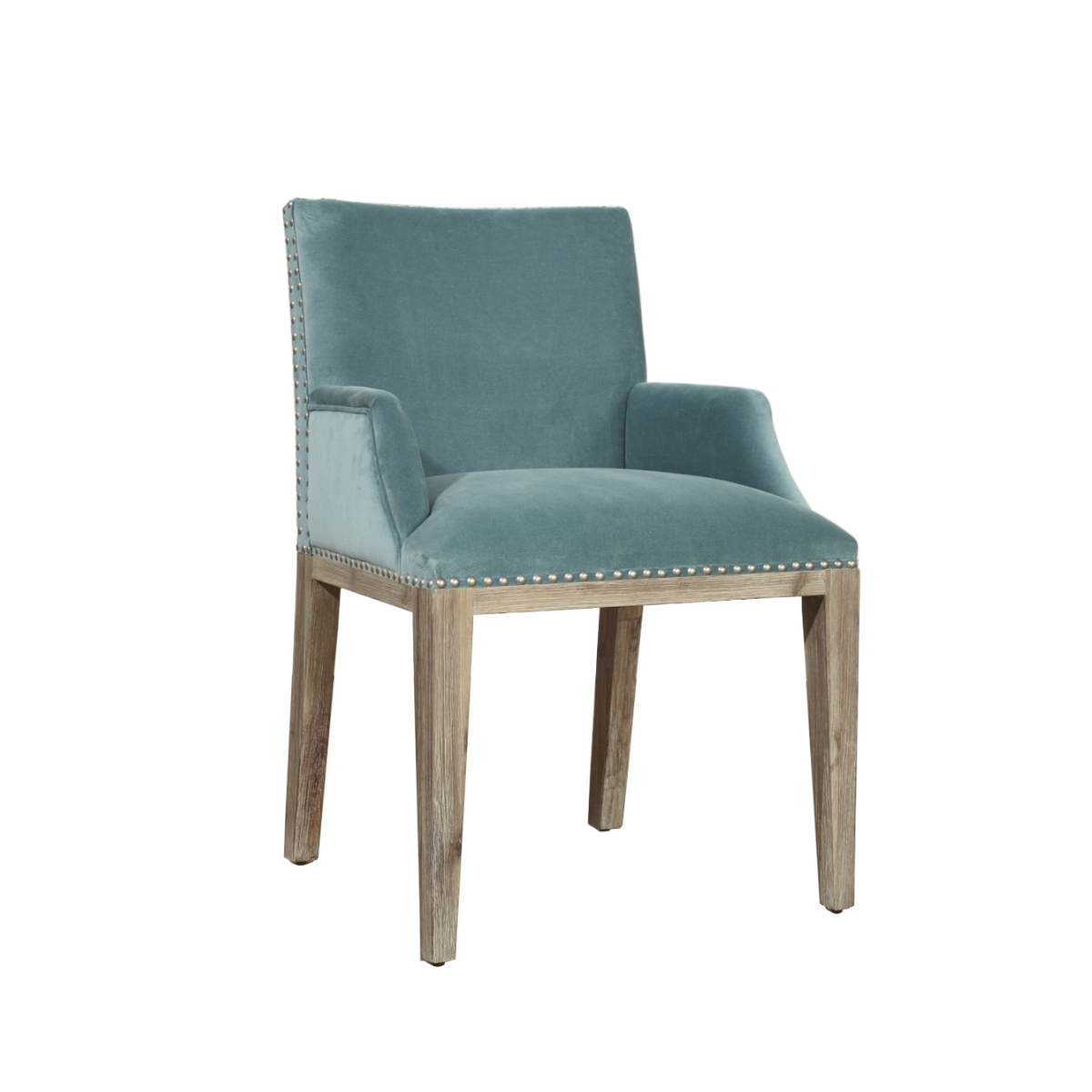 KENZA – Fauteuil de table en velours et en bois clouté bleu arctique