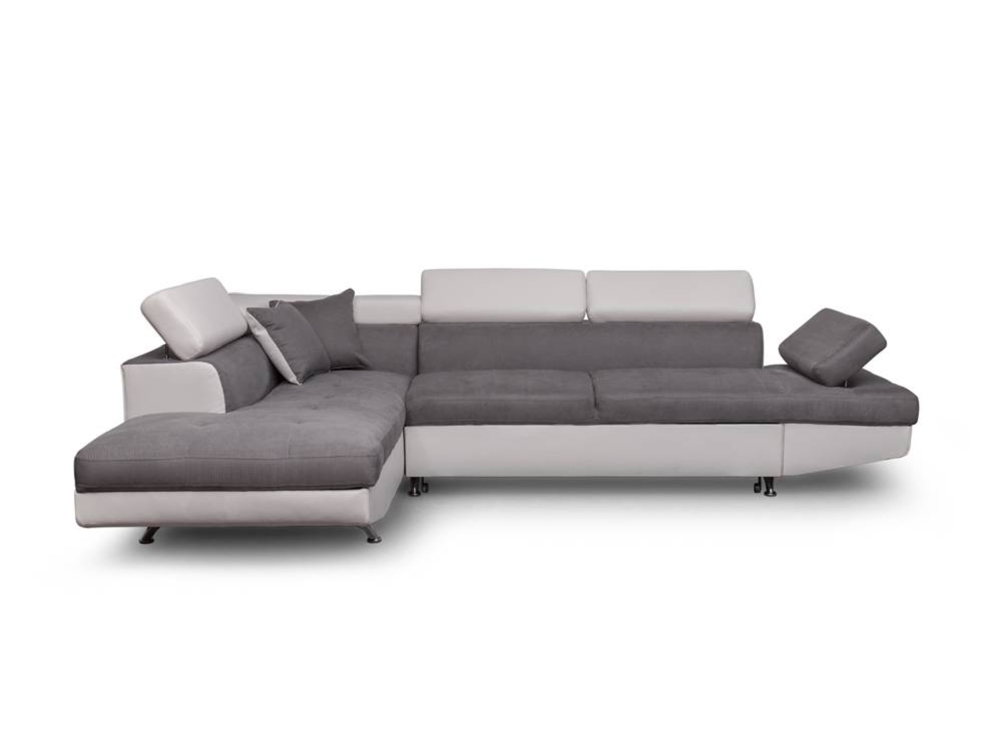 Canapé d'angle gauche convertible avec coffre bi-matière blanc/gris
