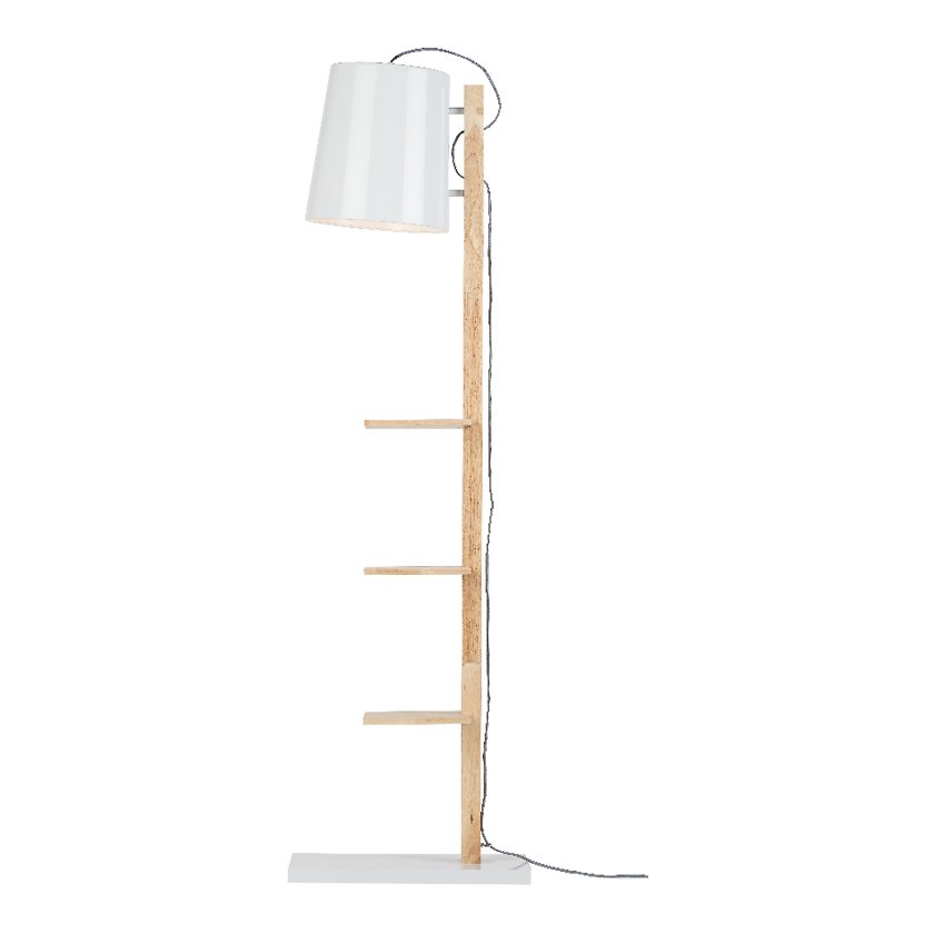 Lampadaire avec étagères métal/bois blanc H168cm