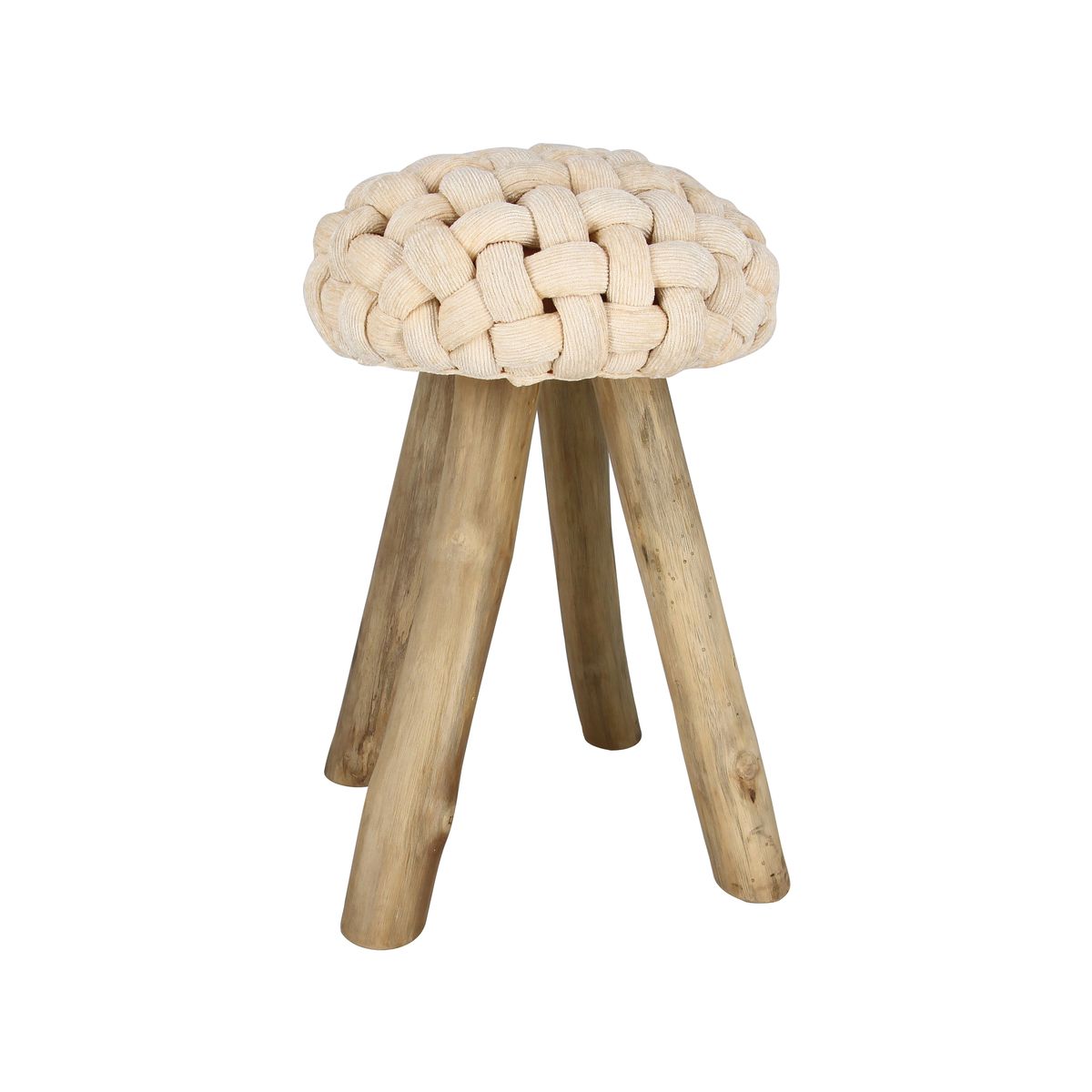 Tabouret en teck assise en tissu côtelé écru Tabouret en teck assise en tissu côtelé écru