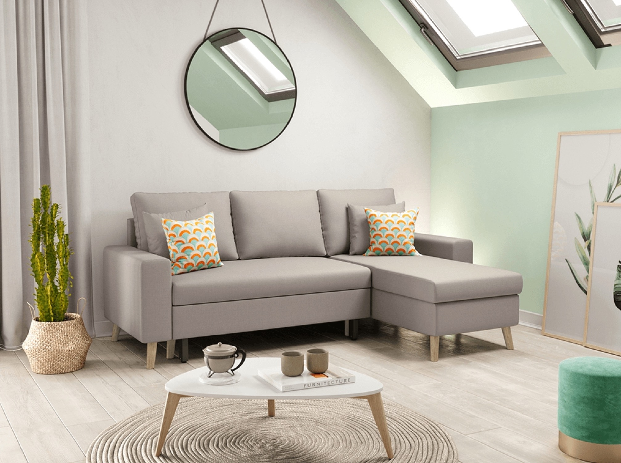 Canapé d'angle scandinave convertible avec coffre en tissu beige - Vue supplémentaire 1