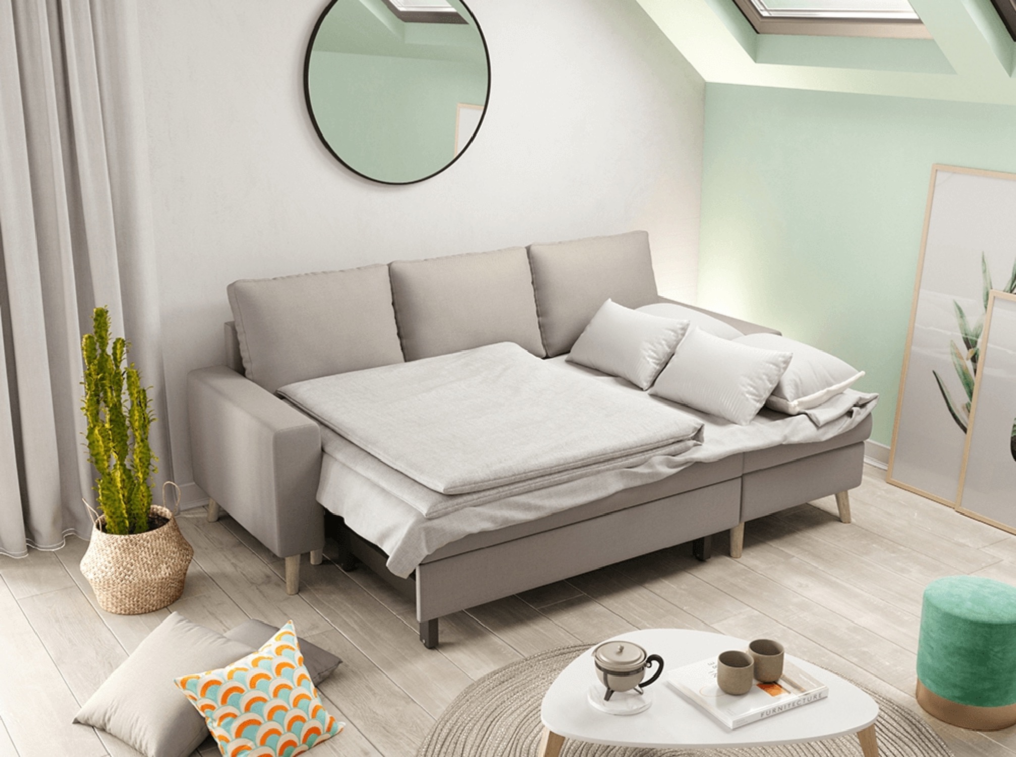 Canapé d'angle scandinave convertible avec coffre en tissu beige - Vue supplémentaire 2