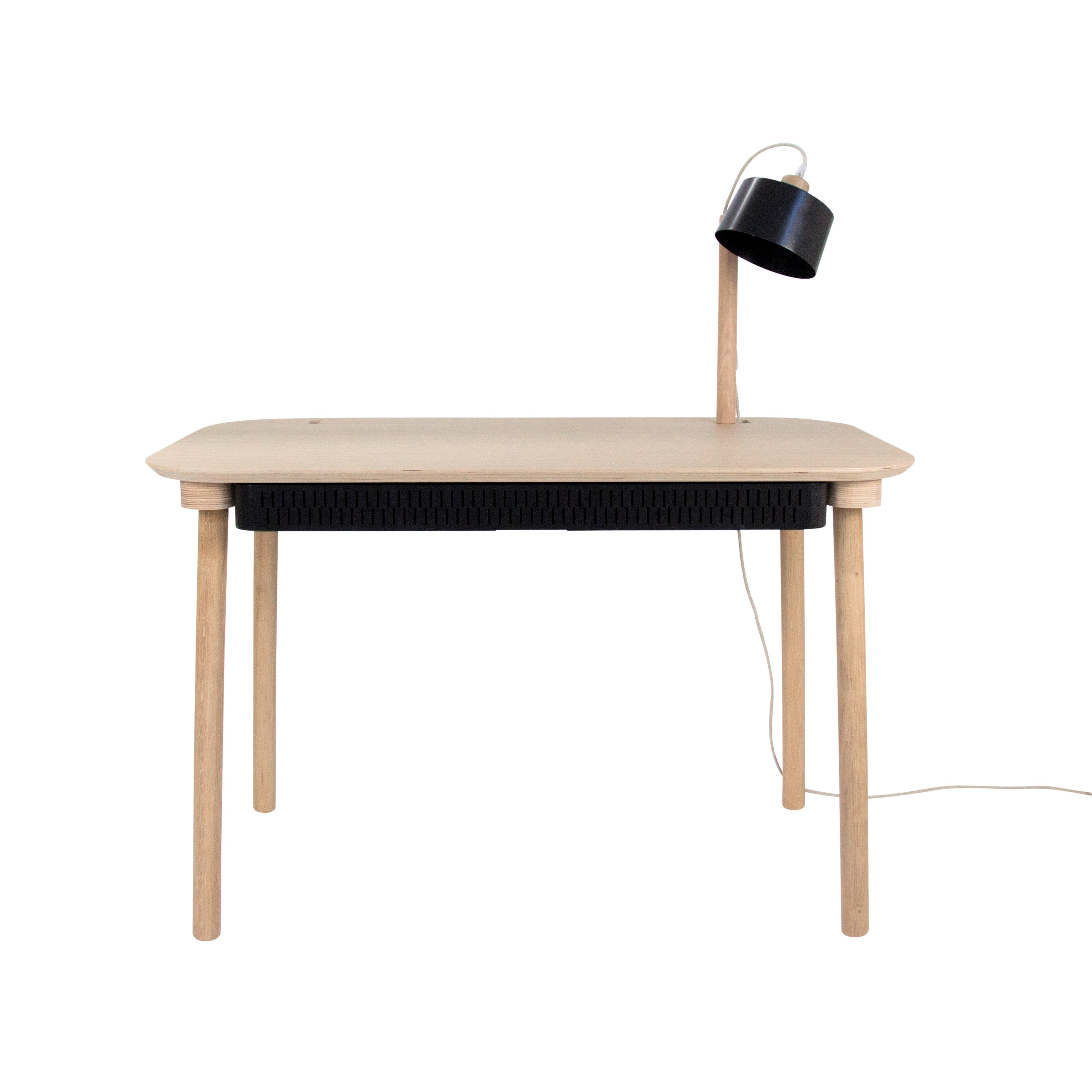 Bureau en chêne avec lampe et tiroir en métal noir