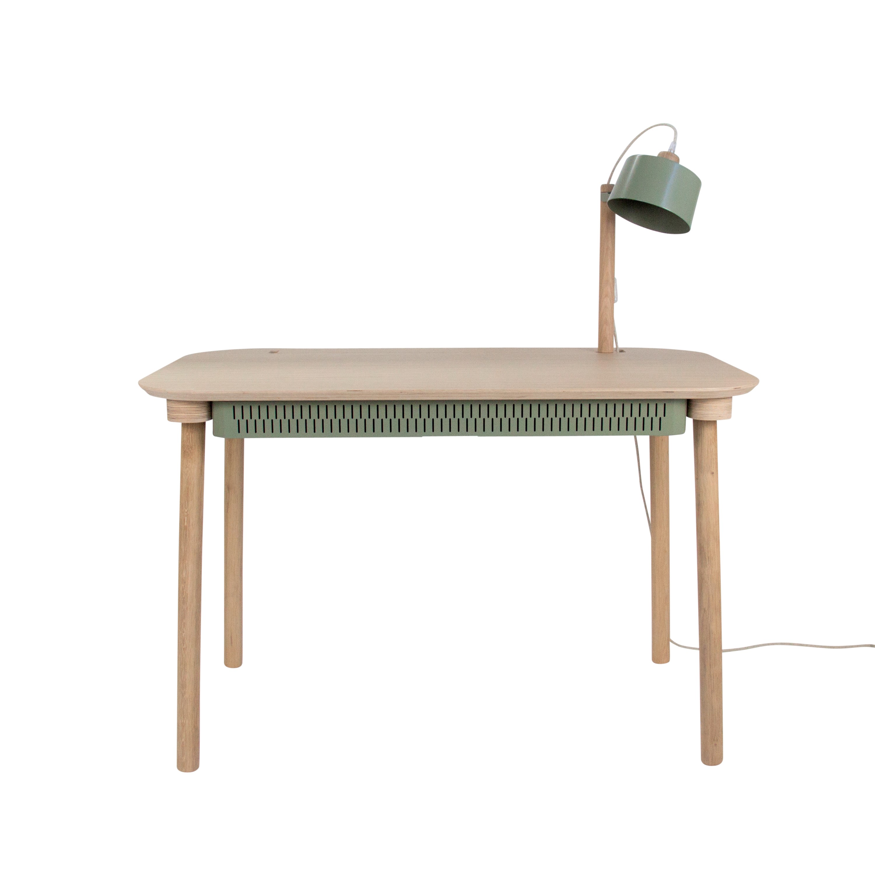 Bureau en chêne avec lampe et tiroir en métal vert