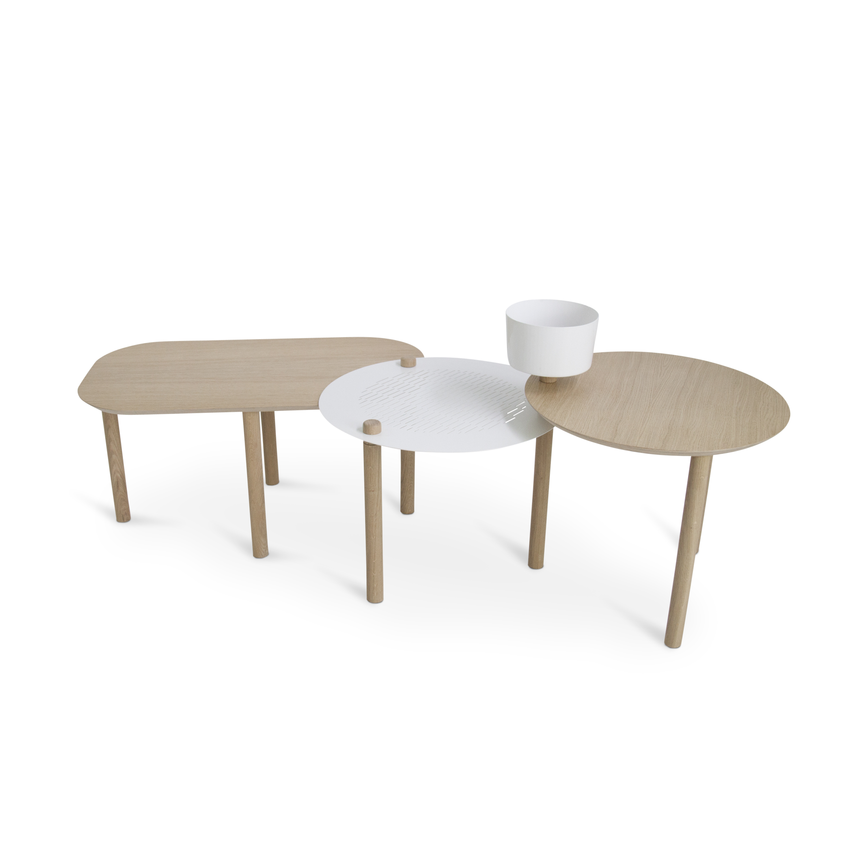 Table basse 3 plateaux chêne et métal avec bol blanc