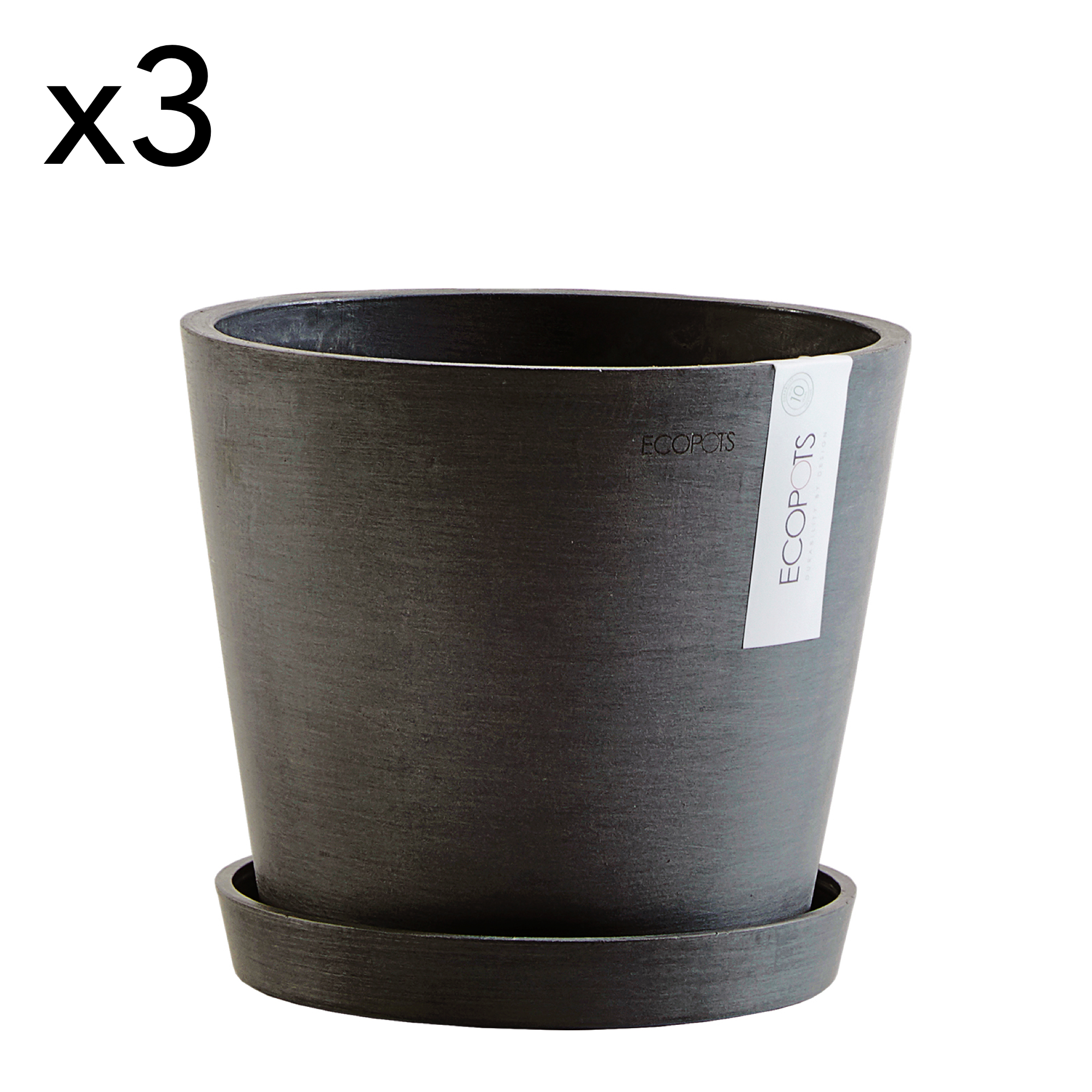 Lot de 3 pots de fleurs avec soucoupe noir D20 (photo) Lot de 3 pots de fleurs avec soucoupe noir D20